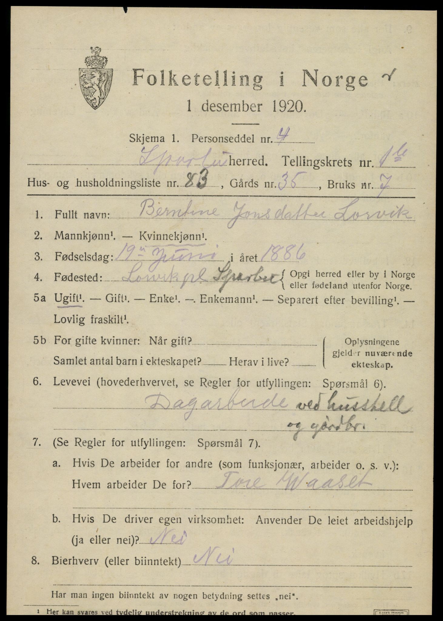 SAT, 1920 census for Sparbu, 1920, p. 3169