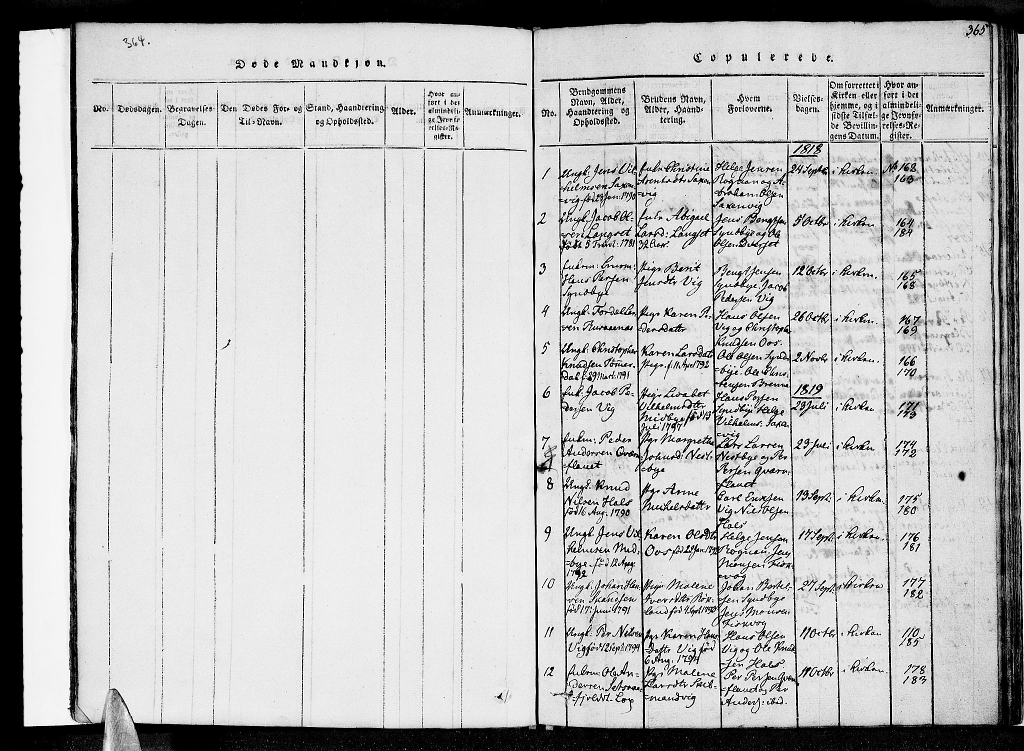 Ministerialprotokoller, klokkerbøker og fødselsregistre - Nordland, AV/SAT-A-1459/847/L0665: Parish register (official) no. 847A05, 1818-1841, p. 364-365