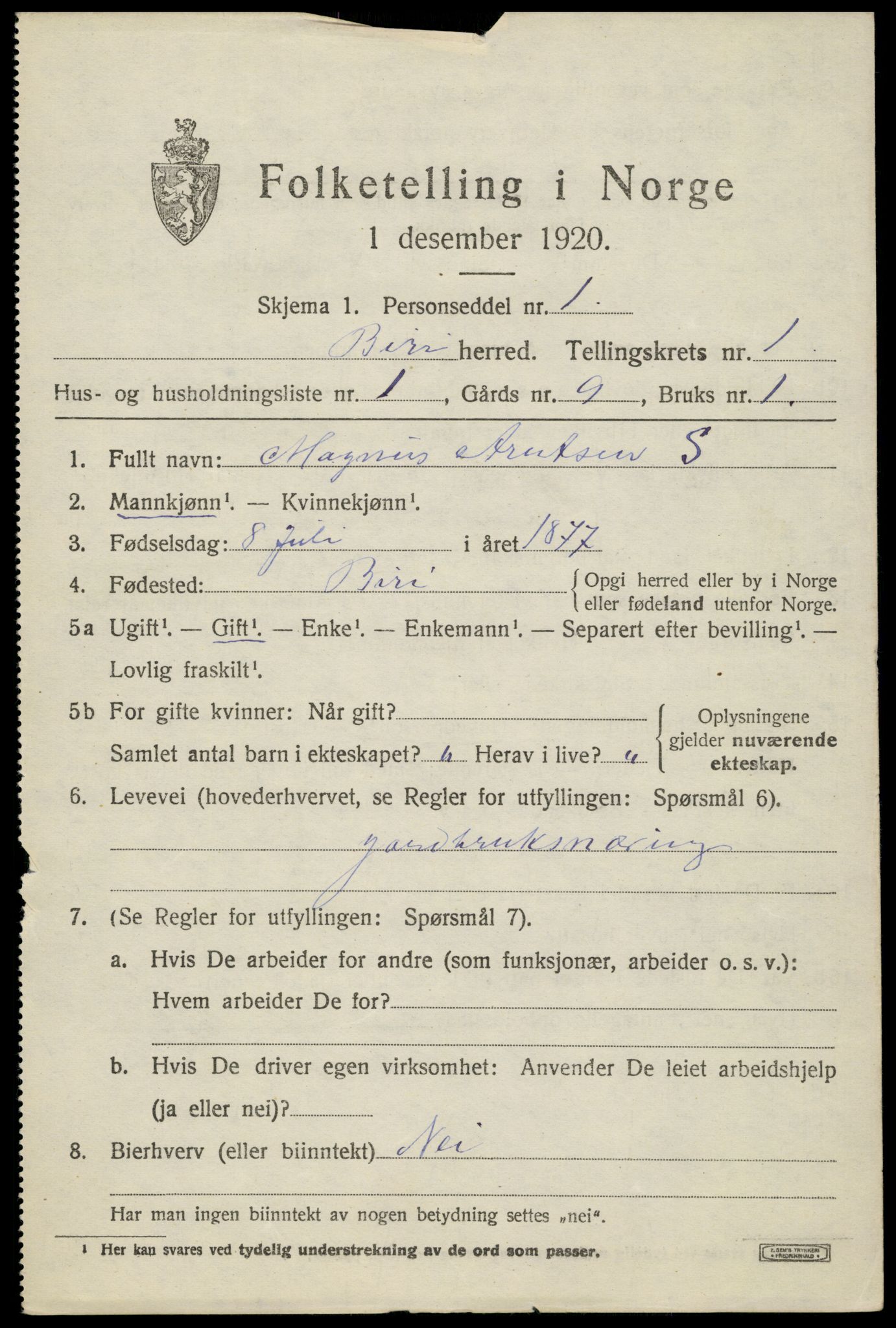 SAH, 1920 census for Biri, 1920, p. 1121