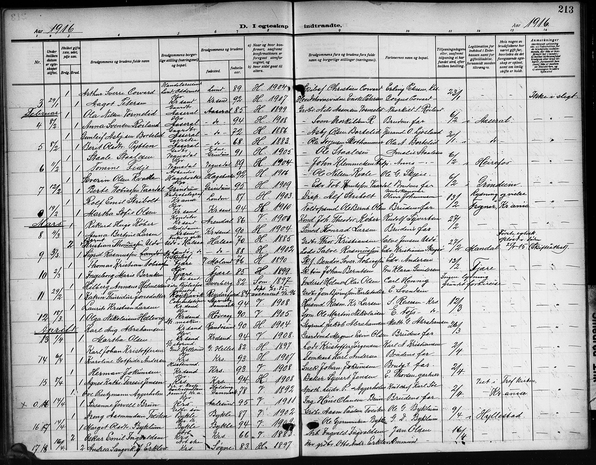 Kristiansand domprosti, SAK/1112-0006/F/Fb/L0021: Parish register (copy) no. B 21, 1914-1923, p. 213