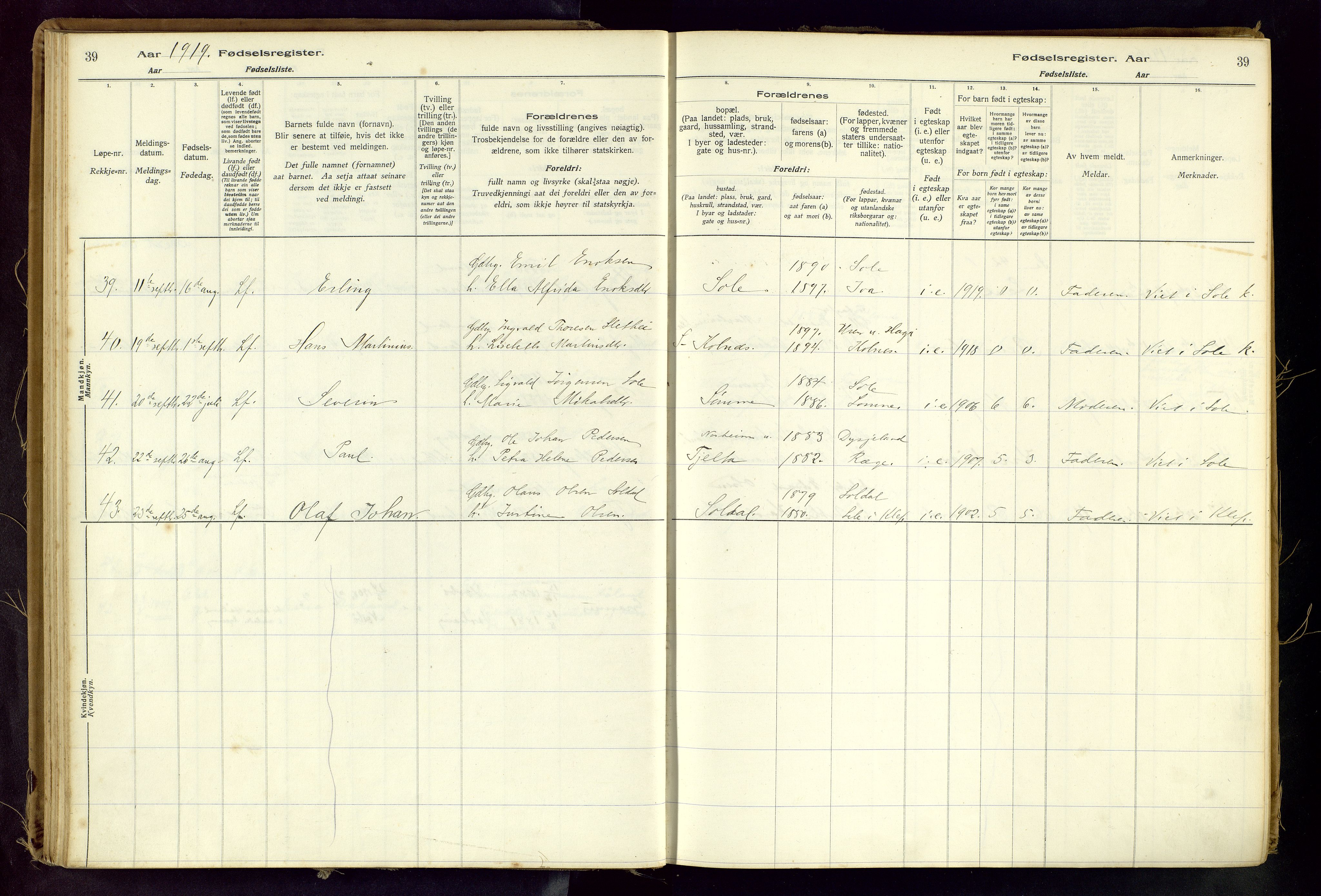 Håland sokneprestkontor, AV/SAST-A-101802/001/704BA/L0001: Birth register no. 1, 1916-1936, p. 39