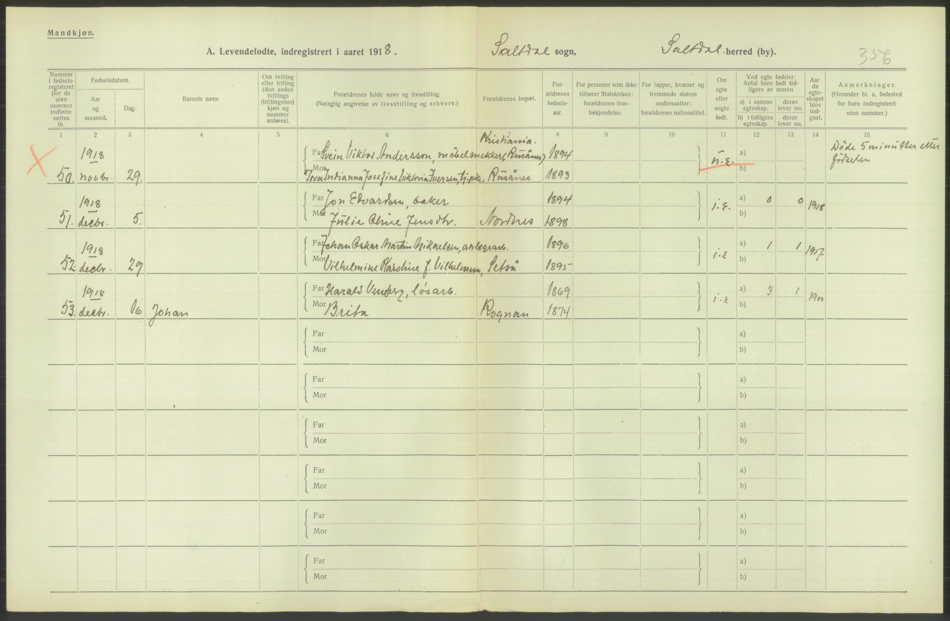 Statistisk sentralbyrå, Sosiodemografiske emner, Befolkning, AV/RA-S-2228/D/Df/Dfb/Dfbh/L0052: Nordland fylke: Levendefødte menn og kvinner. Bygder., 1918, p. 470