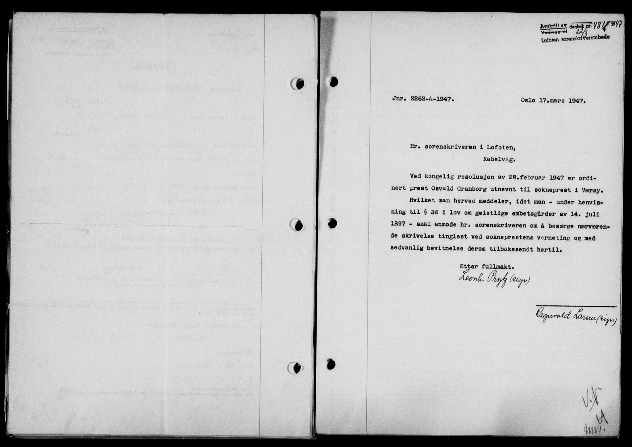 Lofoten sorenskriveri, SAT/A-0017/1/2/2C/L0015a: Mortgage book no. 15a, 1946-1947, Diary no: : 488/1947
