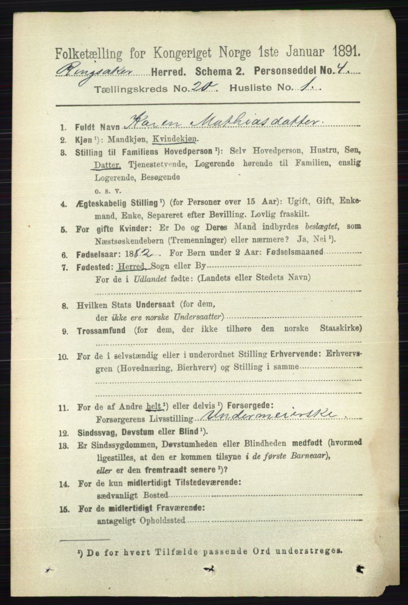 RA, 1891 census for 0412 Ringsaker, 1891, p. 11108