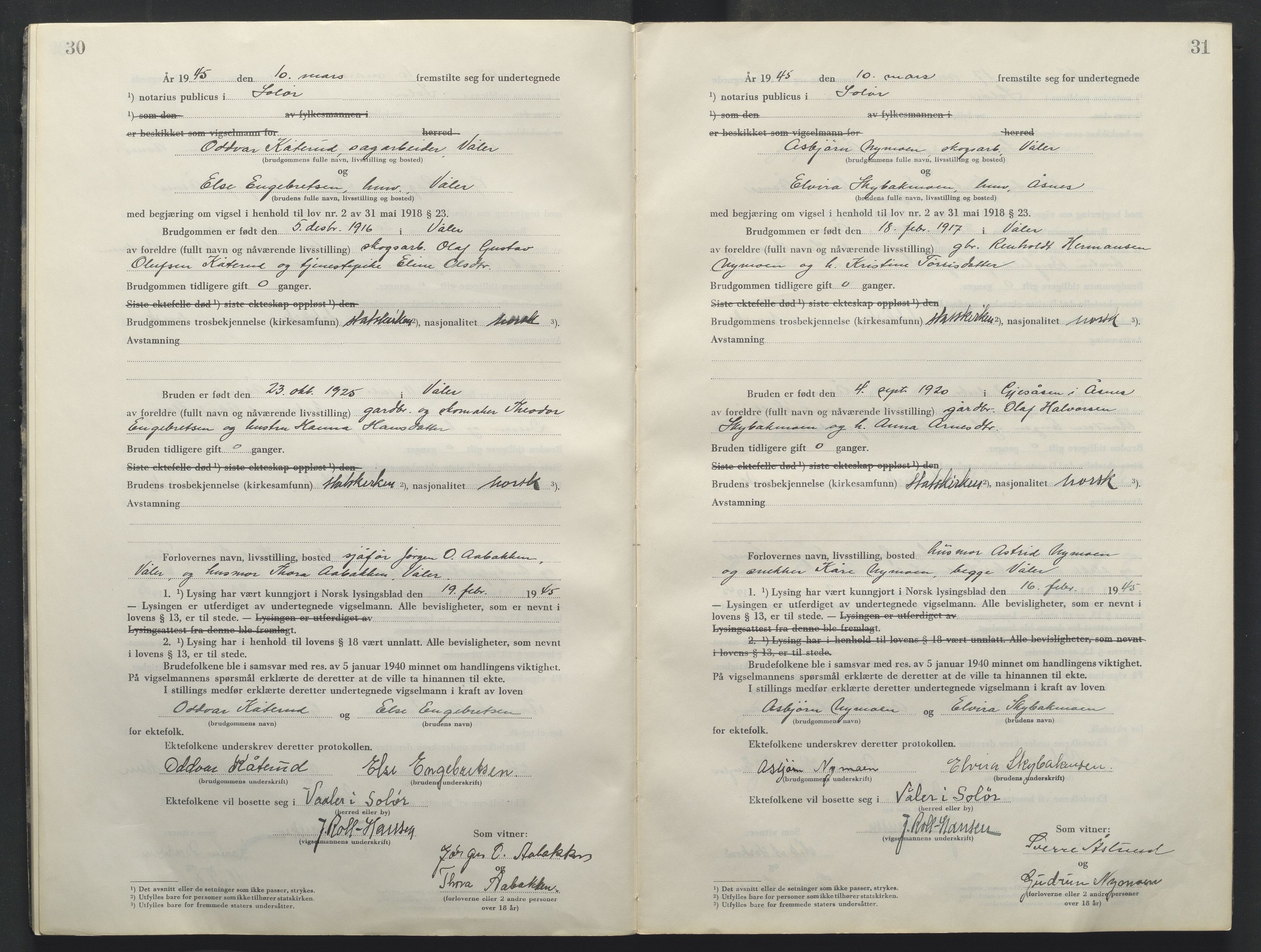 Solør tingrett, AV/SAH-TING-008/L/Lb/L0003/0001: Vigselprotokoll / Vigselprotokoll, 1944-1961, p. 30-31
