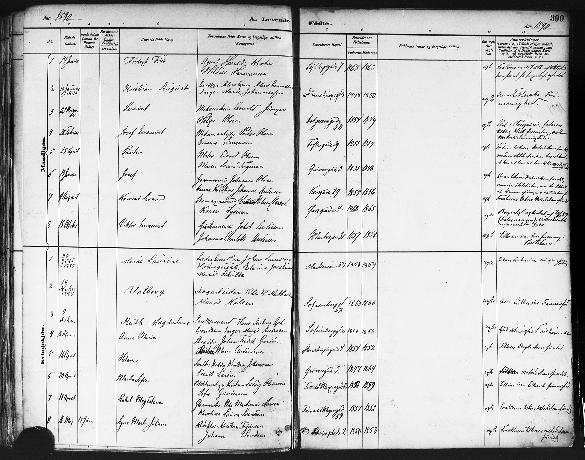Paulus prestekontor Kirkebøker, SAO/A-10871/F/Fa/L0013: Parish register (official) no. 13, 1887-1894, p. 399
