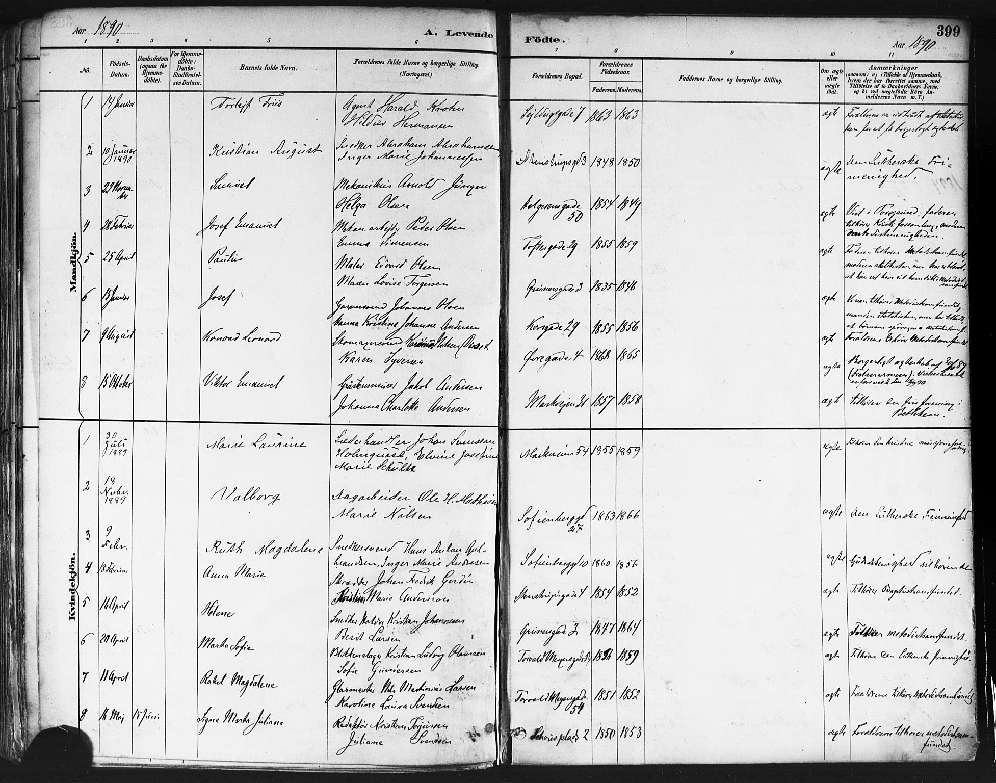 Paulus prestekontor Kirkebøker, AV/SAO-A-10871/F/Fa/L0013: Parish register (official) no. 13, 1887-1894, p. 399