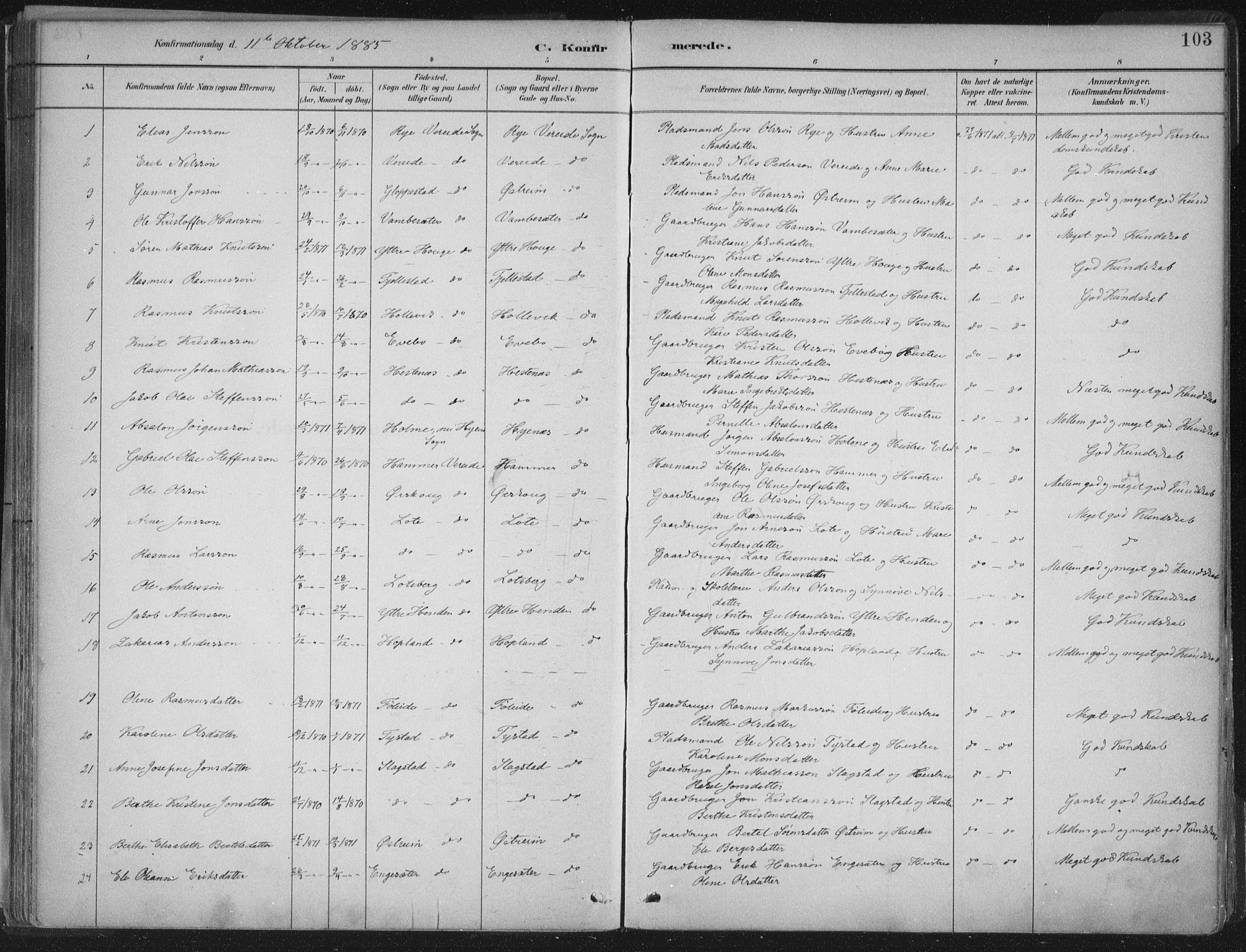 Gloppen sokneprestembete, AV/SAB-A-80101/H/Haa/Haab/L0001: Parish register (official) no. B  1, 1885-1905, p. 103