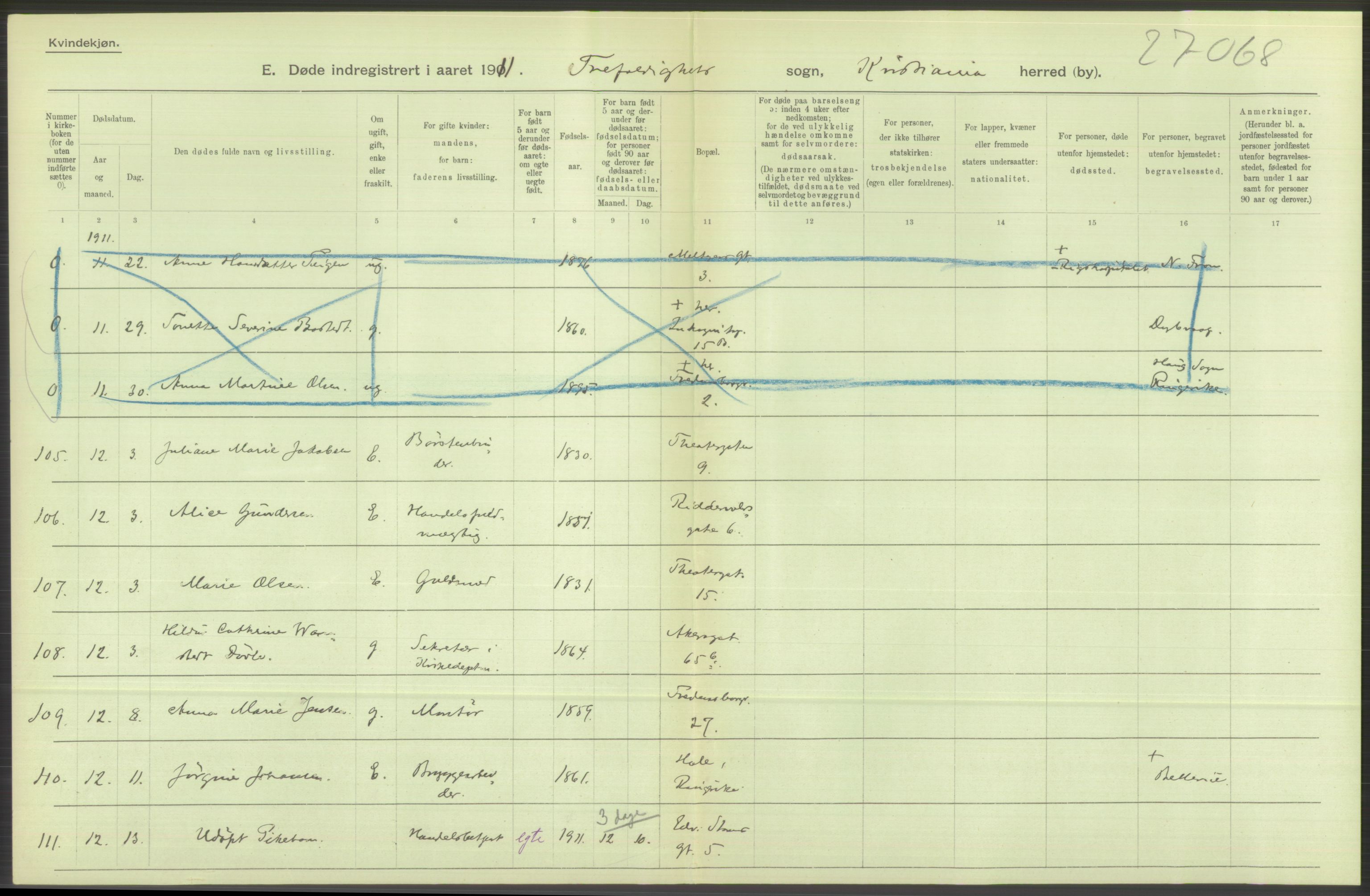 Statistisk sentralbyrå, Sosiodemografiske emner, Befolkning, AV/RA-S-2228/D/Df/Dfb/Dfba/L0010: Kristiania: Døde kvinner samt dødfødte., 1911, p. 512