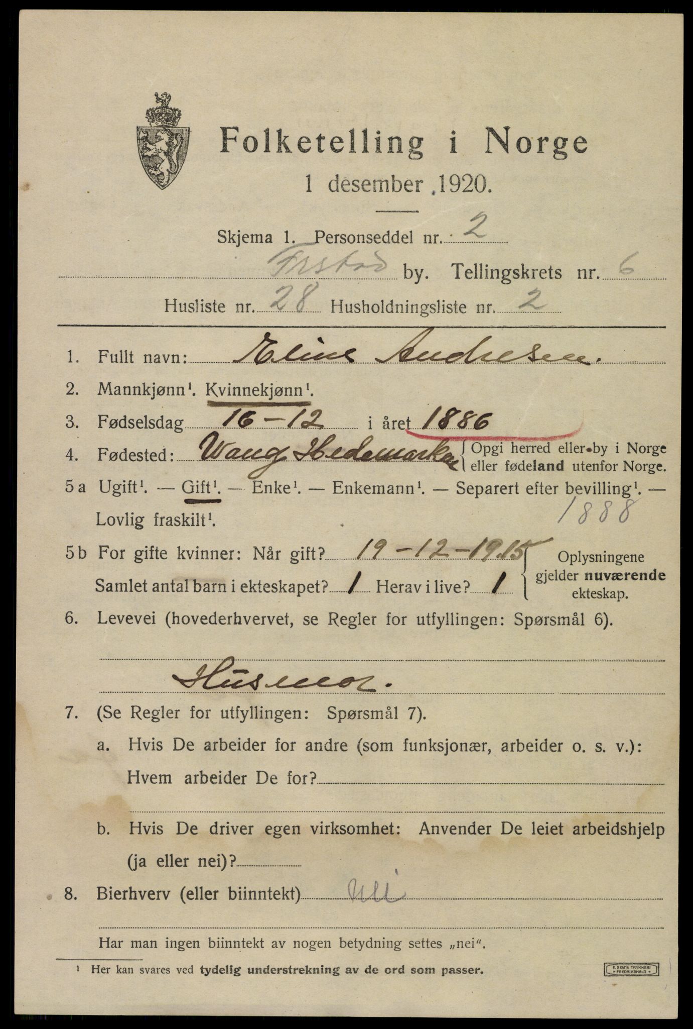 SAO, 1920 census for Fredrikstad, 1920, p. 20765