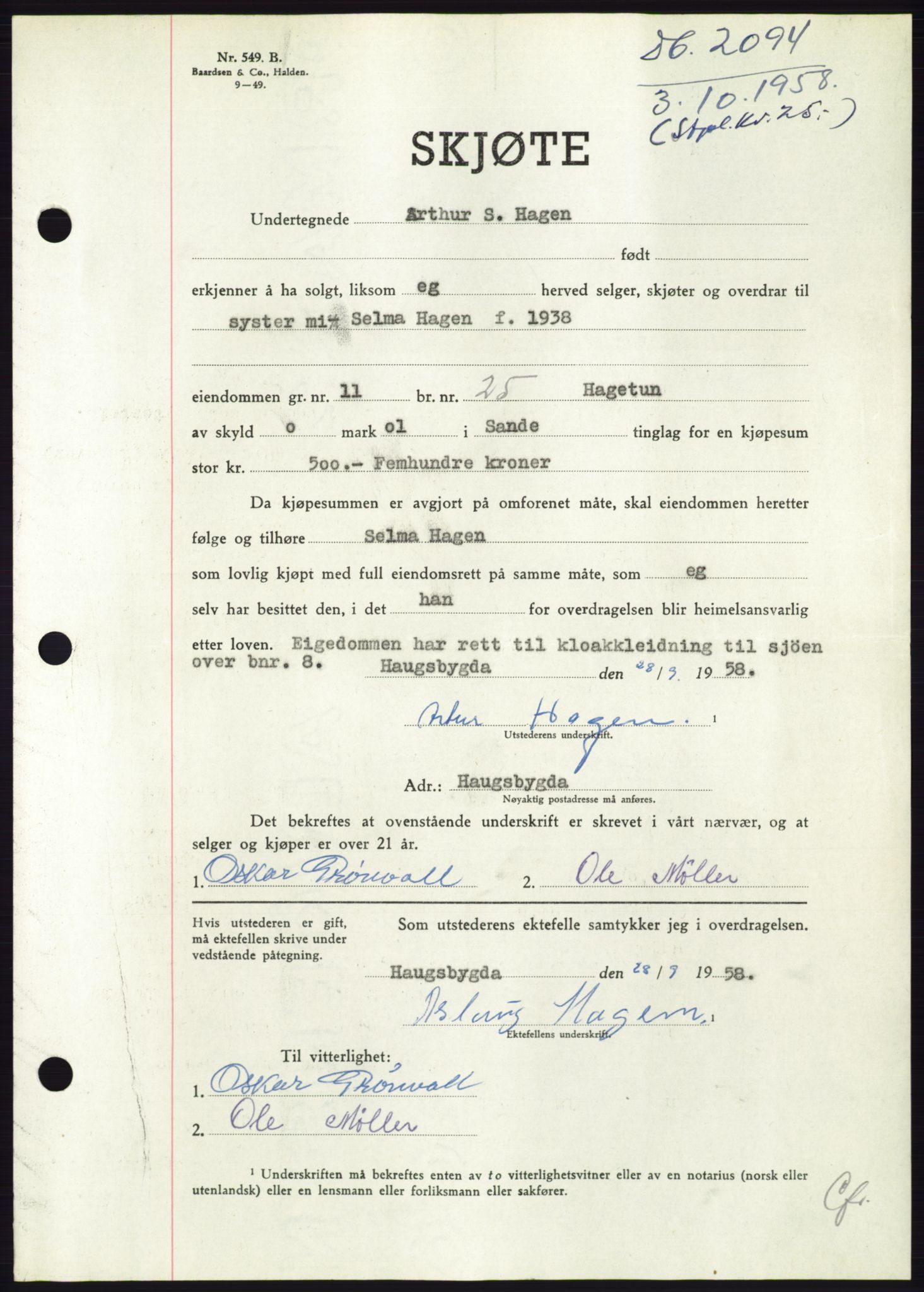 Søre Sunnmøre sorenskriveri, AV/SAT-A-4122/1/2/2C/L0110: Mortgage book no. 36A, 1958-1958, Diary no: : 2094/1958