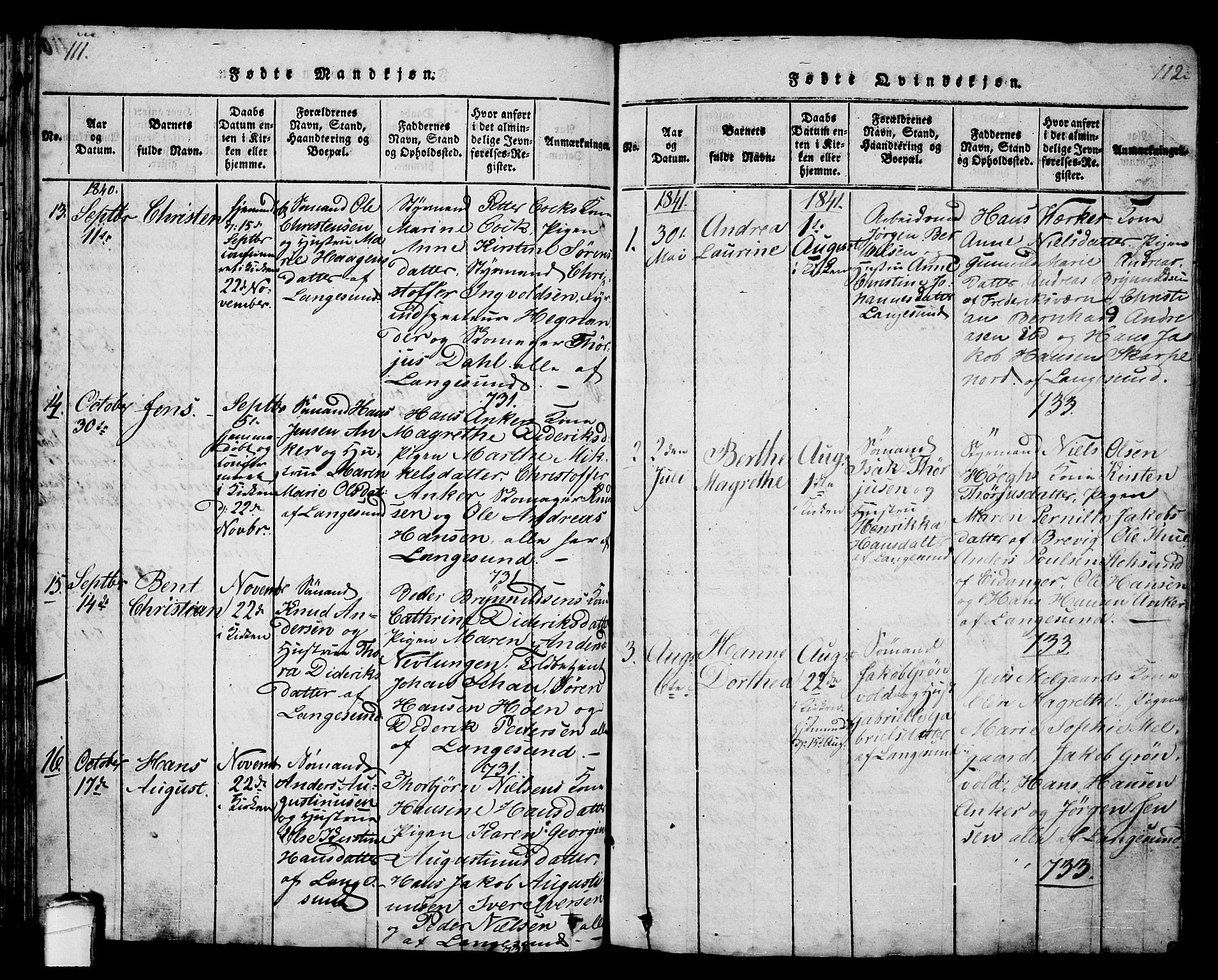 Langesund kirkebøker, SAKO/A-280/G/Ga/L0003: Parish register (copy) no. 3, 1815-1858, p. 111-112