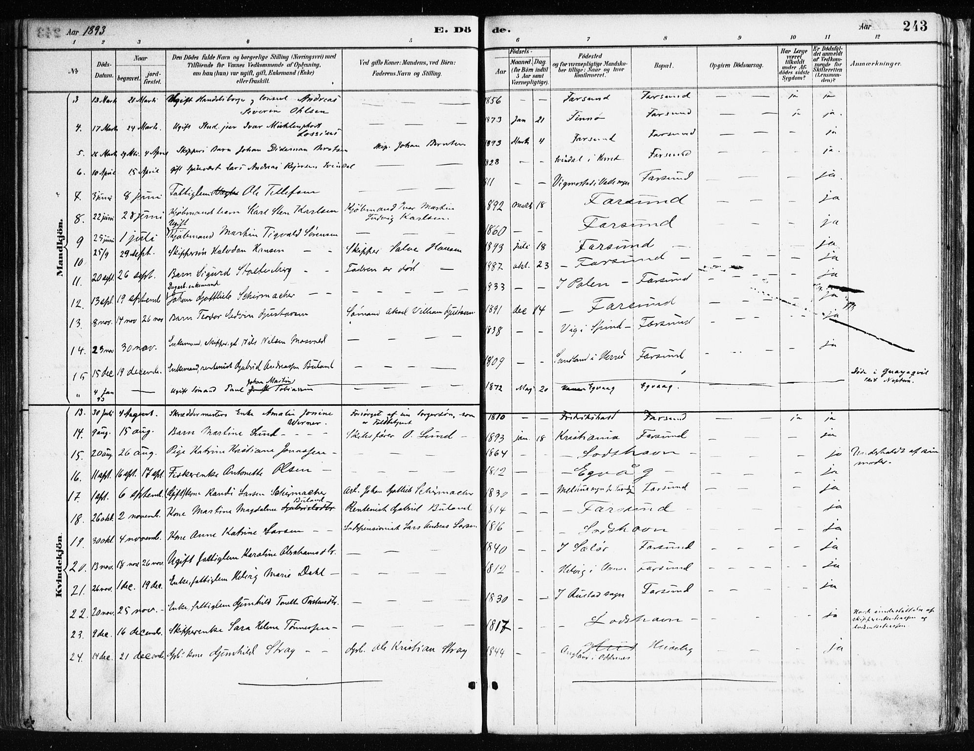 Farsund sokneprestkontor, SAK/1111-0009/F/Fa/L0006: Parish register (official) no. A 6, 1887-1920, p. 243