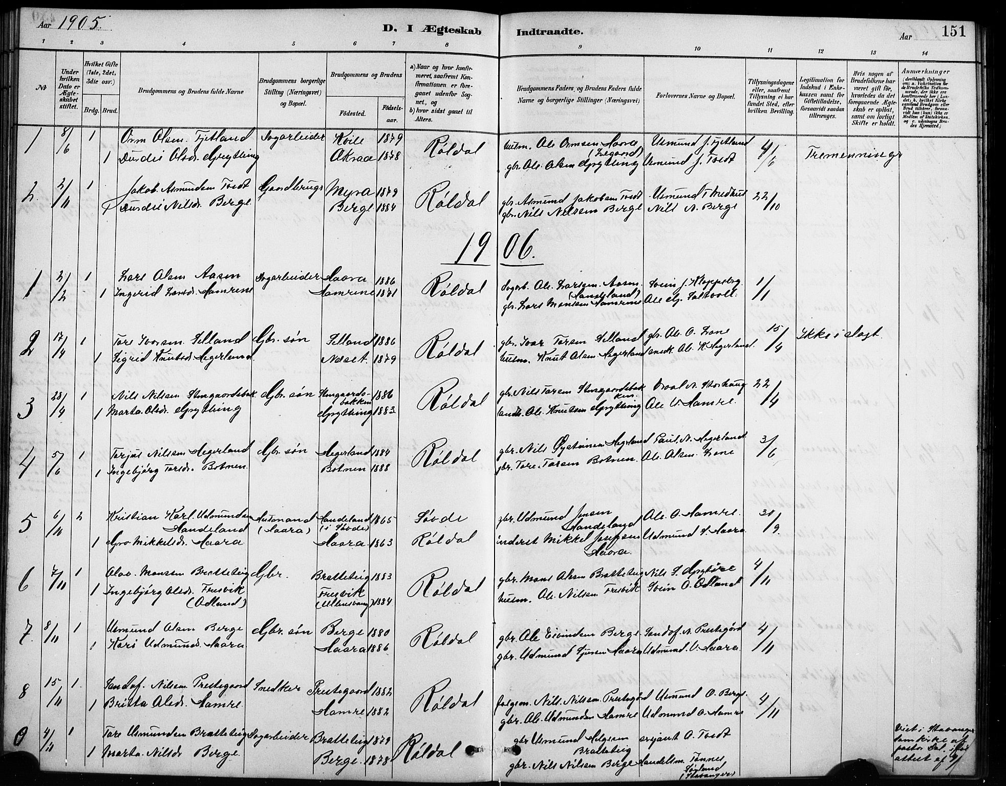 Røldal sokneprestembete, SAB/A-100247: Parish register (copy) no. A 3, 1887-1917, p. 151