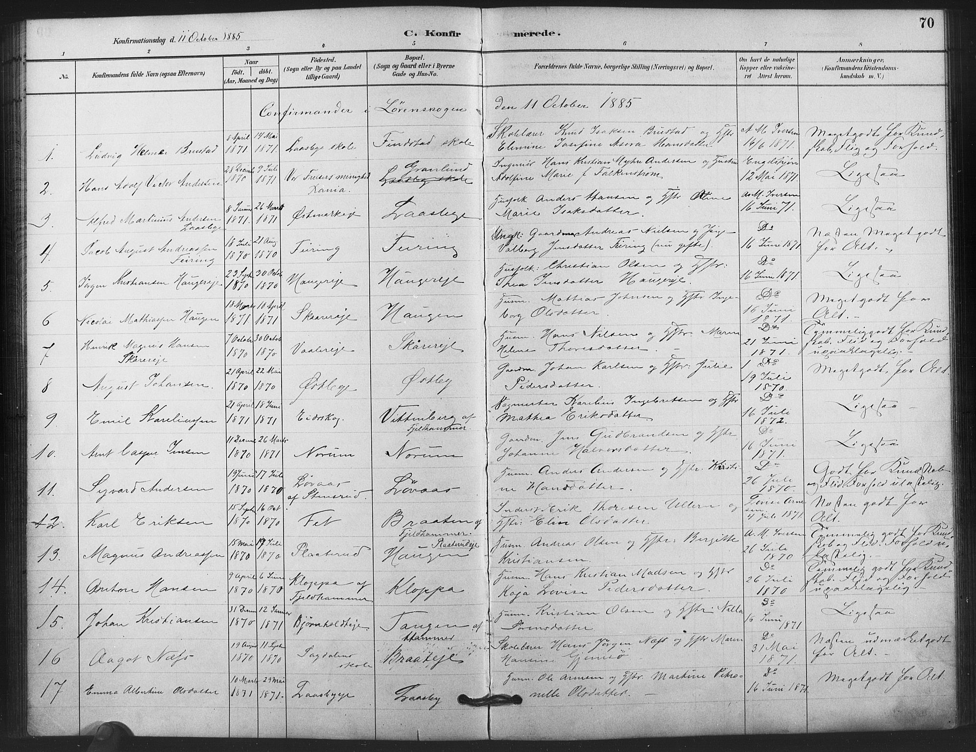 Skedsmo prestekontor Kirkebøker, AV/SAO-A-10033a/F/Fb/L0001: Parish register (official) no. II 1, 1883-1901, p. 70