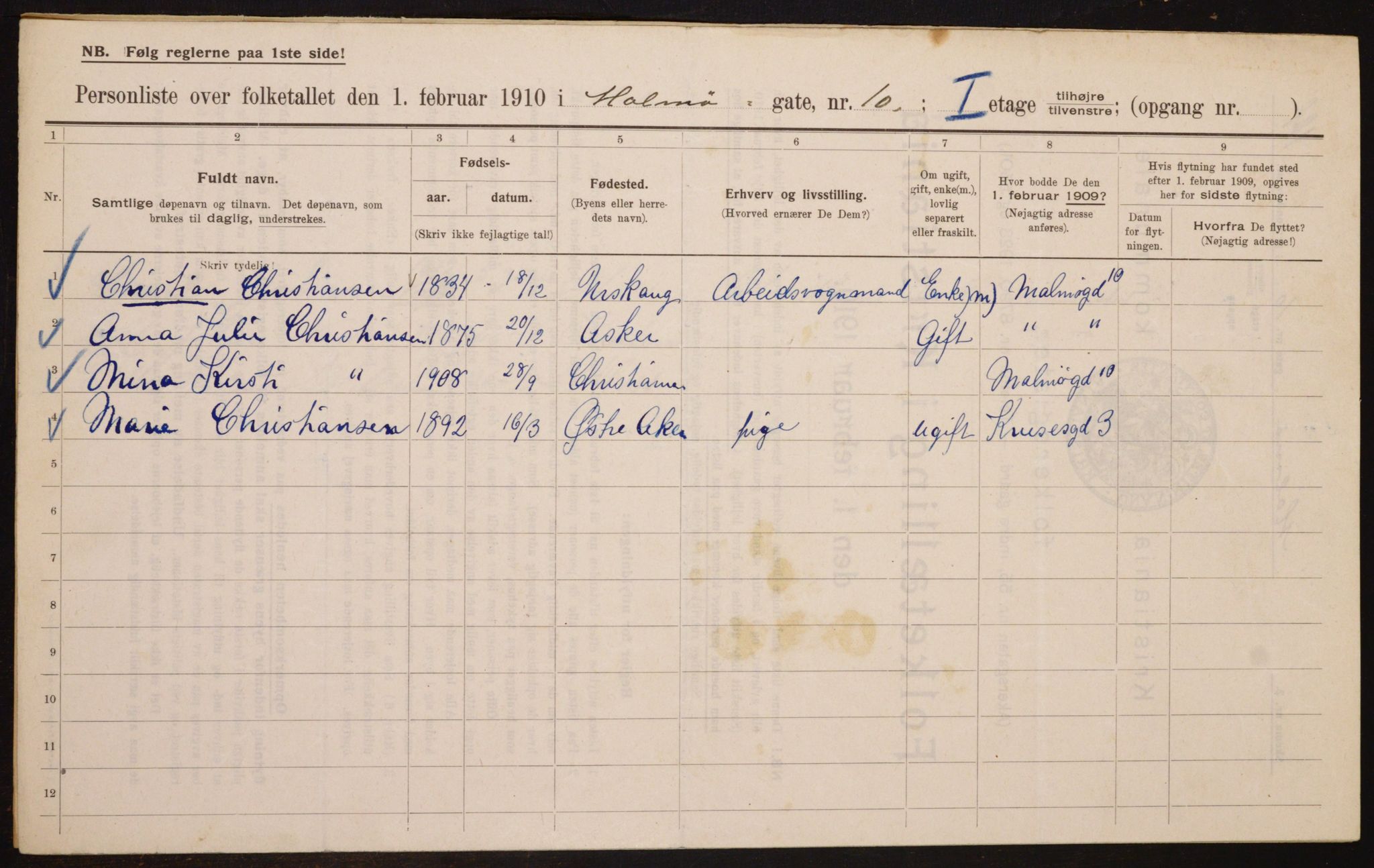 OBA, Municipal Census 1910 for Kristiania, 1910, p. 58068