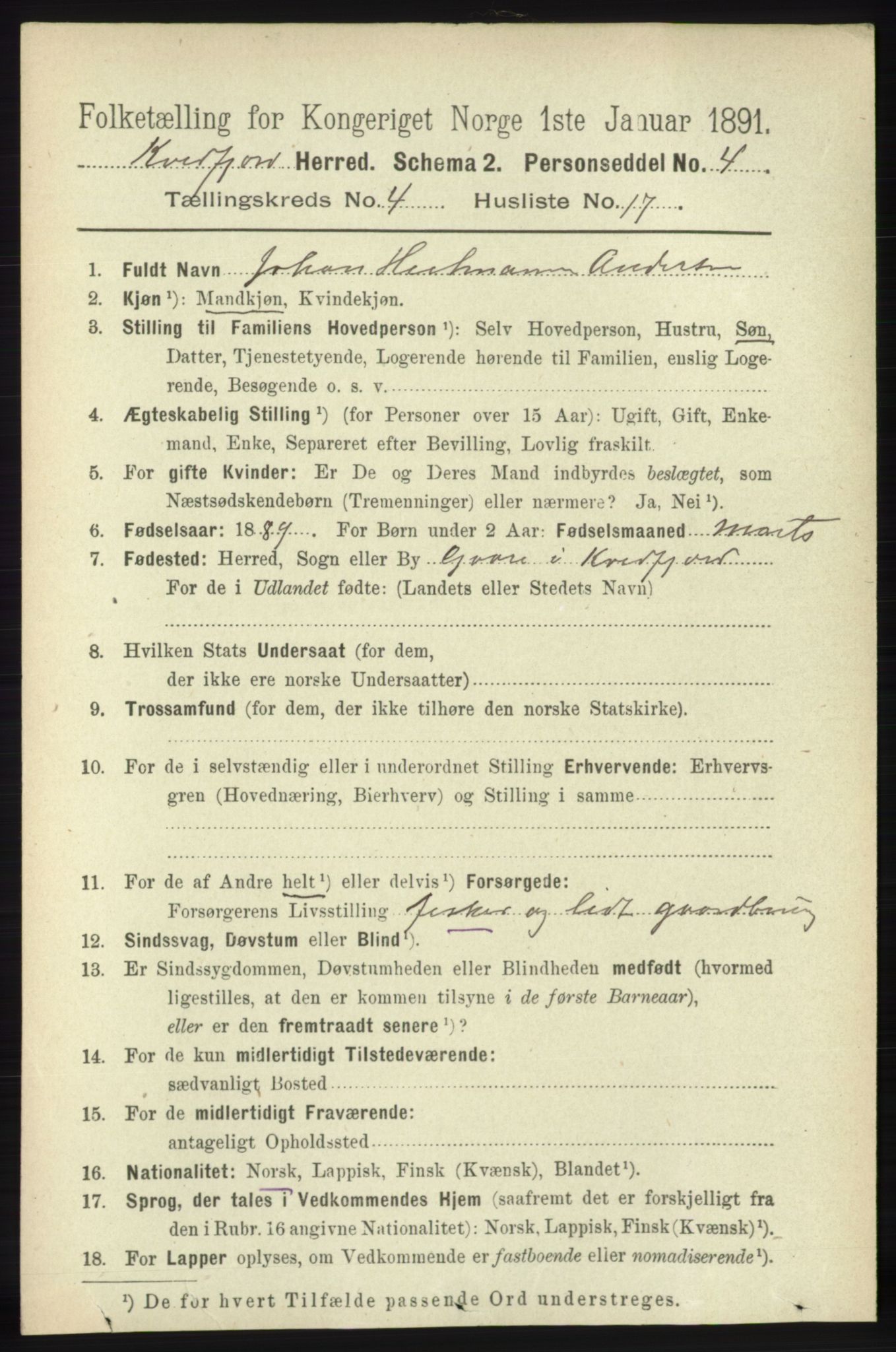 RA, 1891 census for 1911 Kvæfjord, 1891, p. 1996