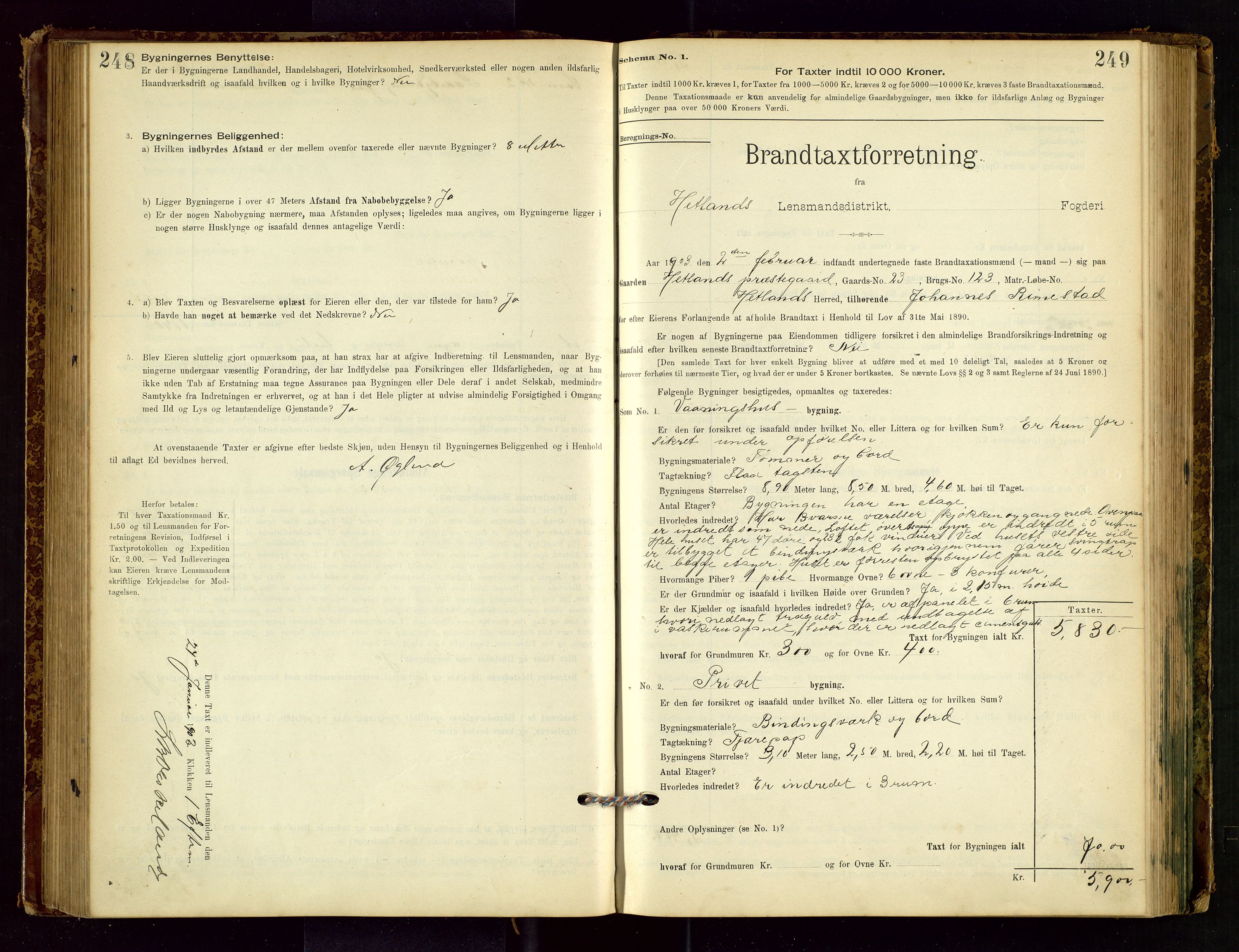 Hetland lensmannskontor, AV/SAST-A-100101/Gob/L0001: "Brandtaxationsprotokol", 1895-1918, p. 248-249