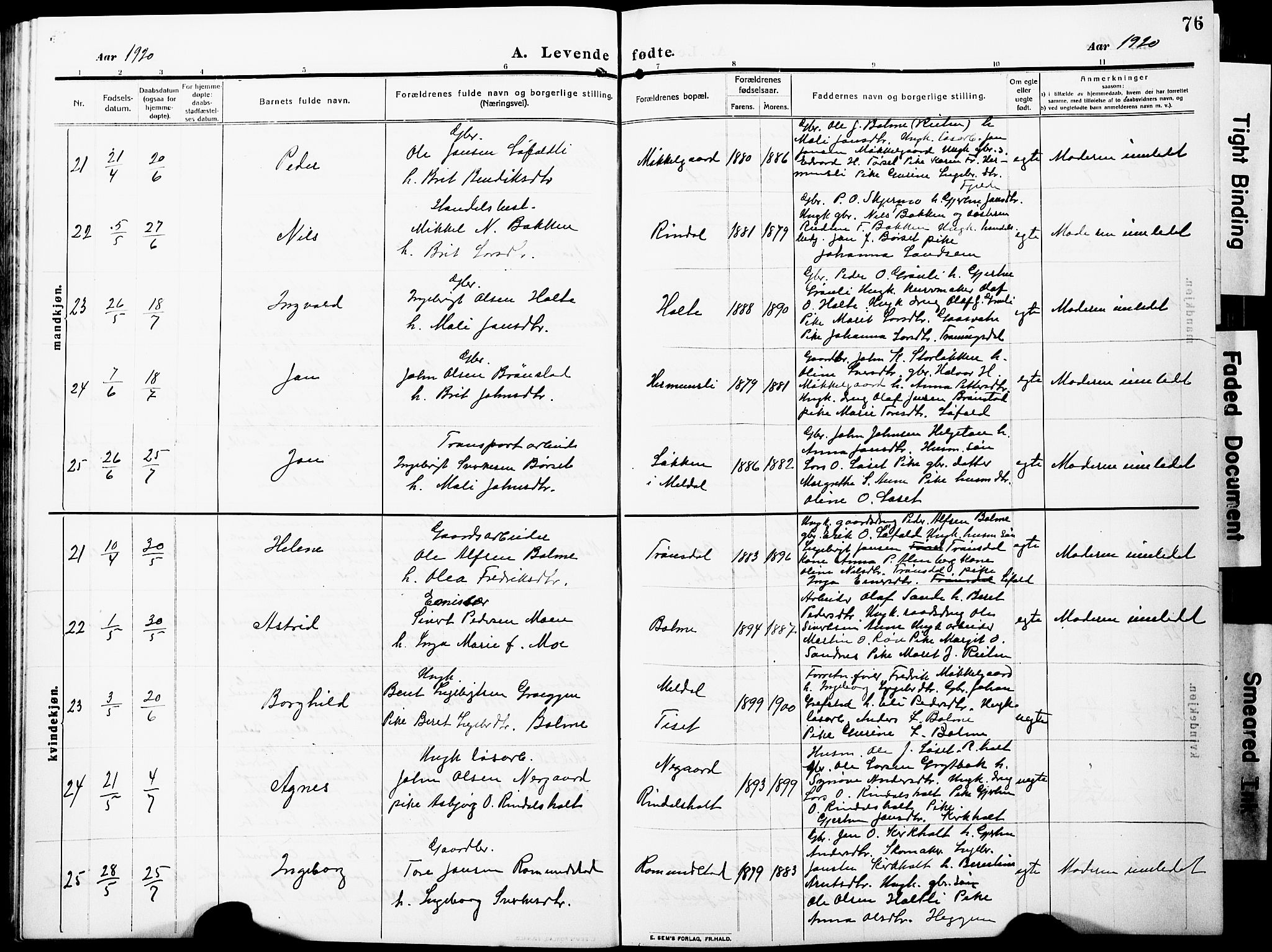 Ministerialprotokoller, klokkerbøker og fødselsregistre - Møre og Romsdal, AV/SAT-A-1454/598/L1079: Parish register (copy) no. 598C04, 1909-1927, p. 76