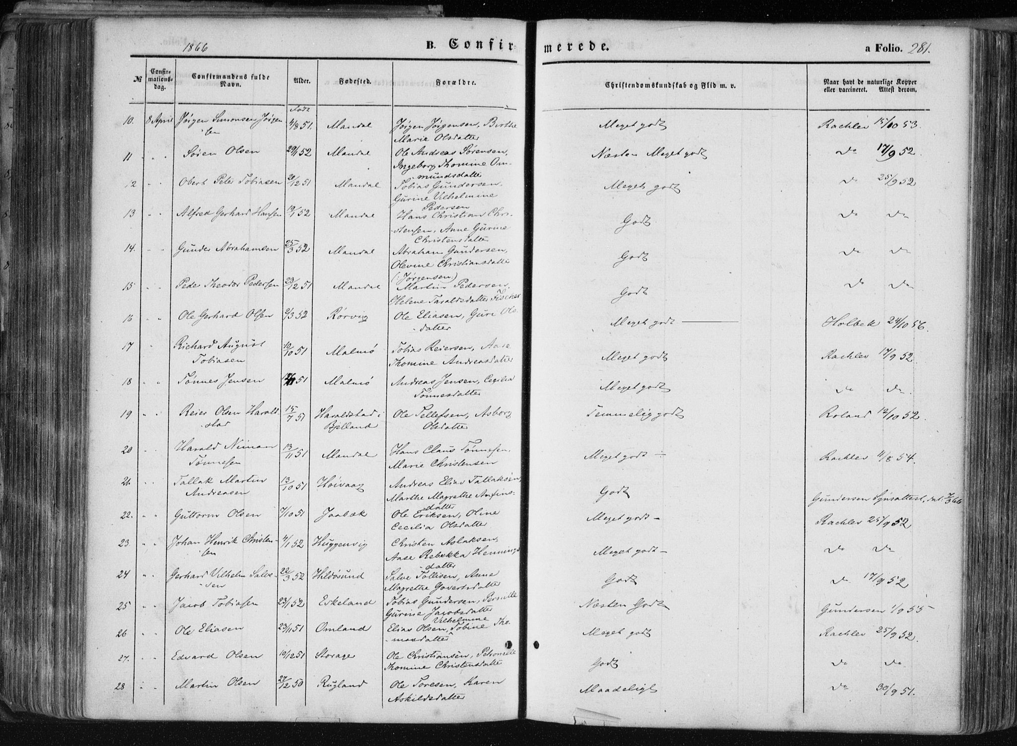 Mandal sokneprestkontor, AV/SAK-1111-0030/F/Fa/Faa/L0014: Parish register (official) no. A 14, 1859-1872, p. 281