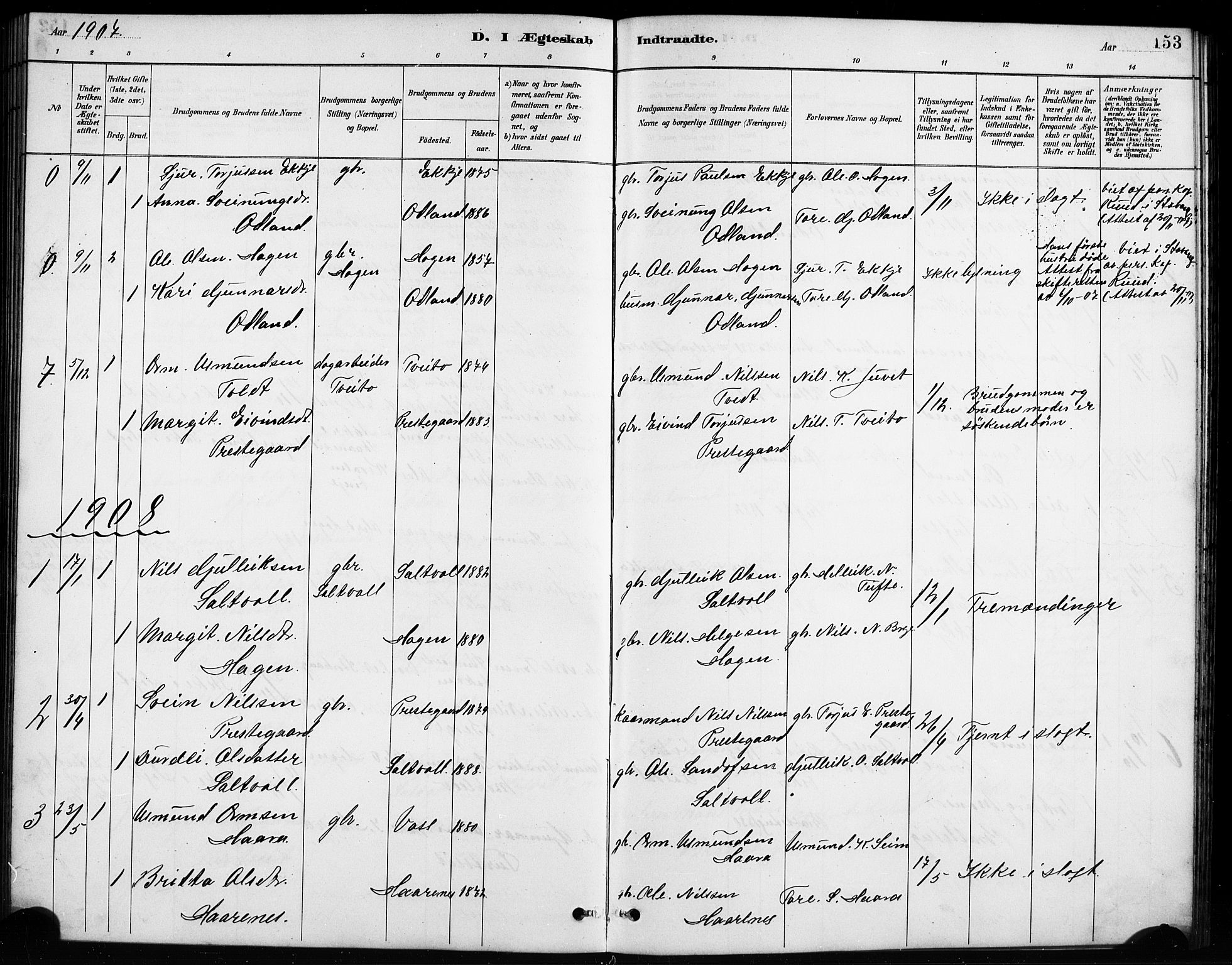 Røldal sokneprestembete, SAB/A-100247: Parish register (copy) no. A 3, 1887-1917, p. 153