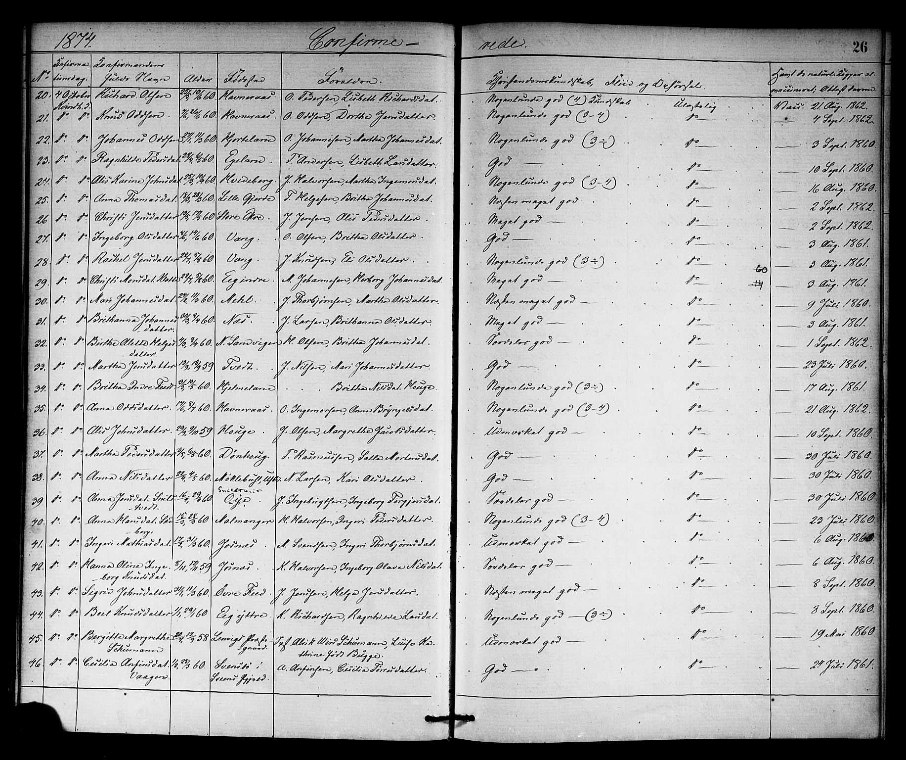 Kvinnherad sokneprestembete, AV/SAB-A-76401/H/Haa: Parish register (official) no. A 10, 1867-1886, p. 26