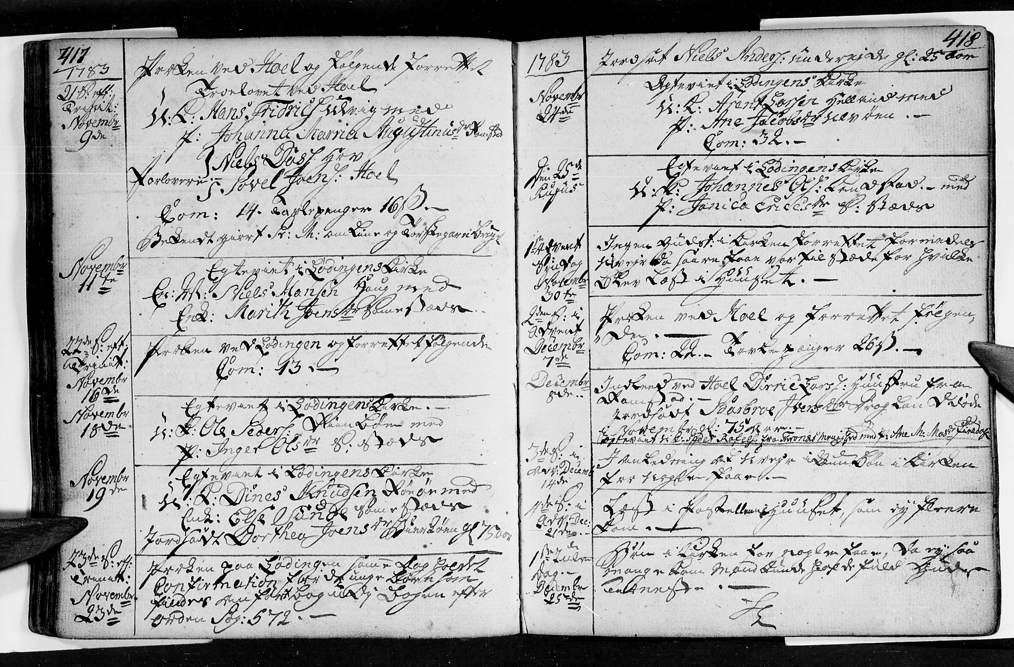 Ministerialprotokoller, klokkerbøker og fødselsregistre - Nordland, SAT/A-1459/872/L1029: Parish register (official) no. 872A04, 1765-1787, p. 417-418