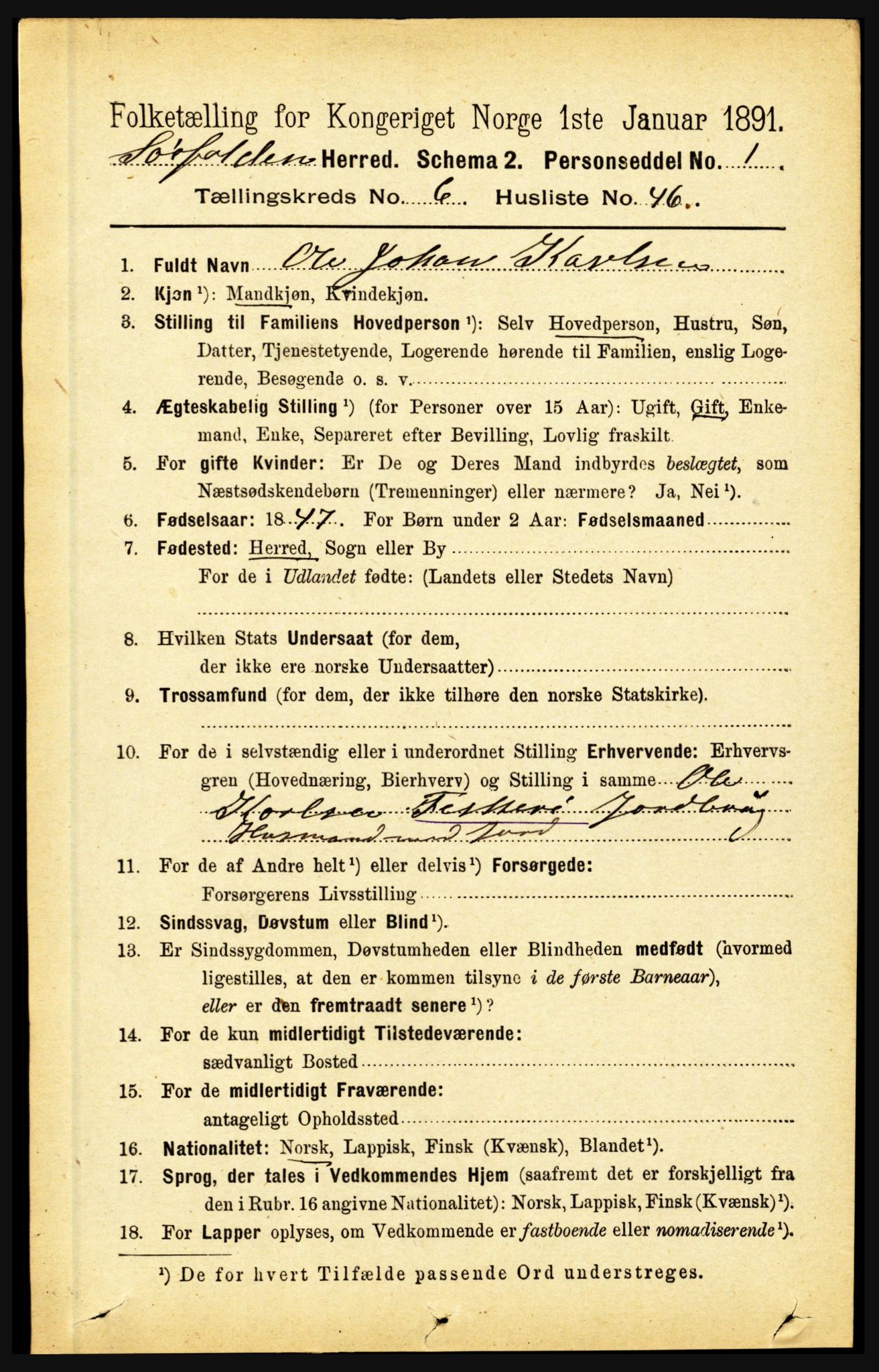 RA, 1891 census for 1845 Sørfold, 1891, p. 2142