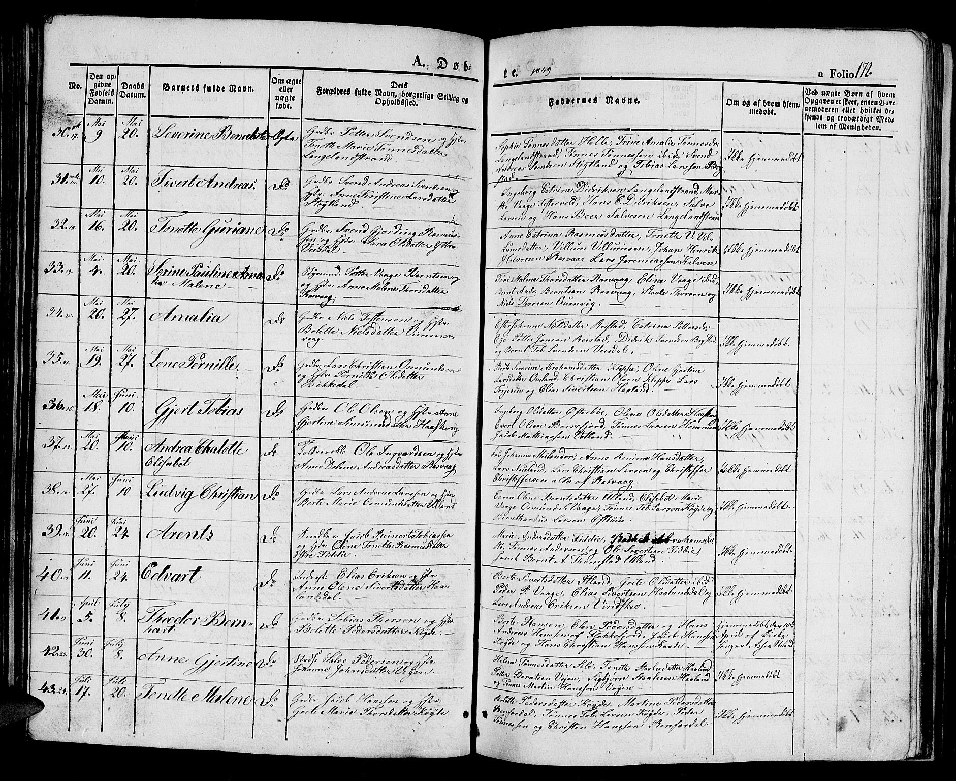 Flekkefjord sokneprestkontor, SAK/1111-0012/F/Fb/Fbb/L0002: Parish register (copy) no. B 2a, 1831-1866, p. 172