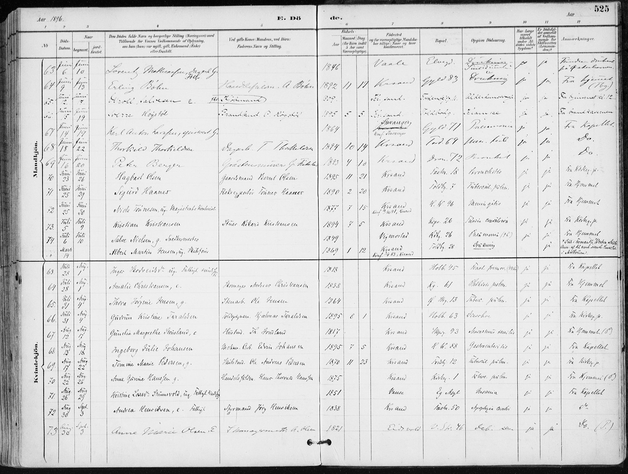 Kristiansand domprosti, AV/SAK-1112-0006/F/Fa/L0019: Parish register (official) no. A 18, 1890-1897, p. 525