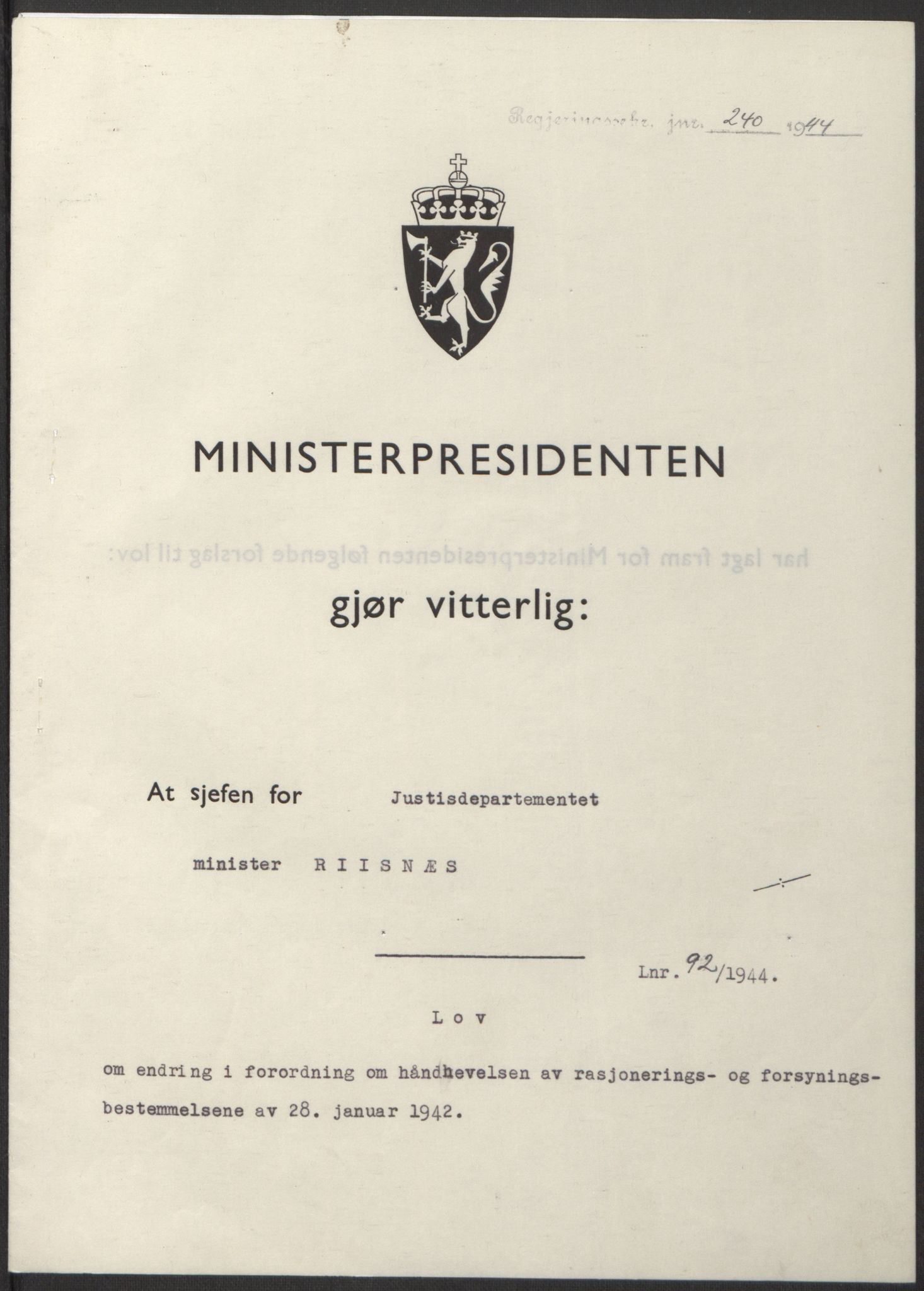 NS-administrasjonen 1940-1945 (Statsrådsekretariatet, de kommisariske statsråder mm), RA/S-4279/D/Db/L0100: Lover, 1944, p. 437