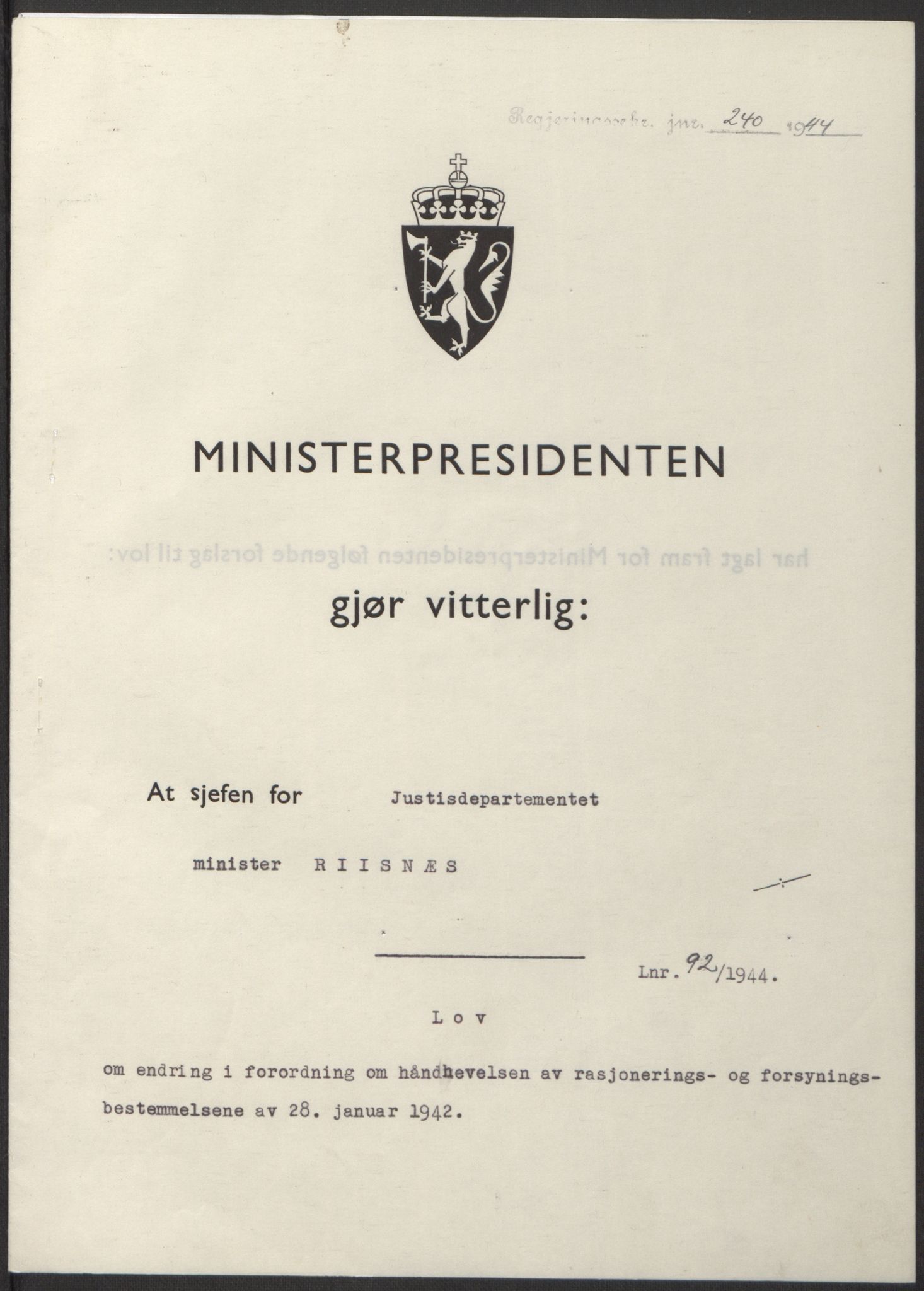 NS-administrasjonen 1940-1945 (Statsrådsekretariatet, de kommisariske statsråder mm), AV/RA-S-4279/D/Db/L0100: Lover, 1944, p. 437