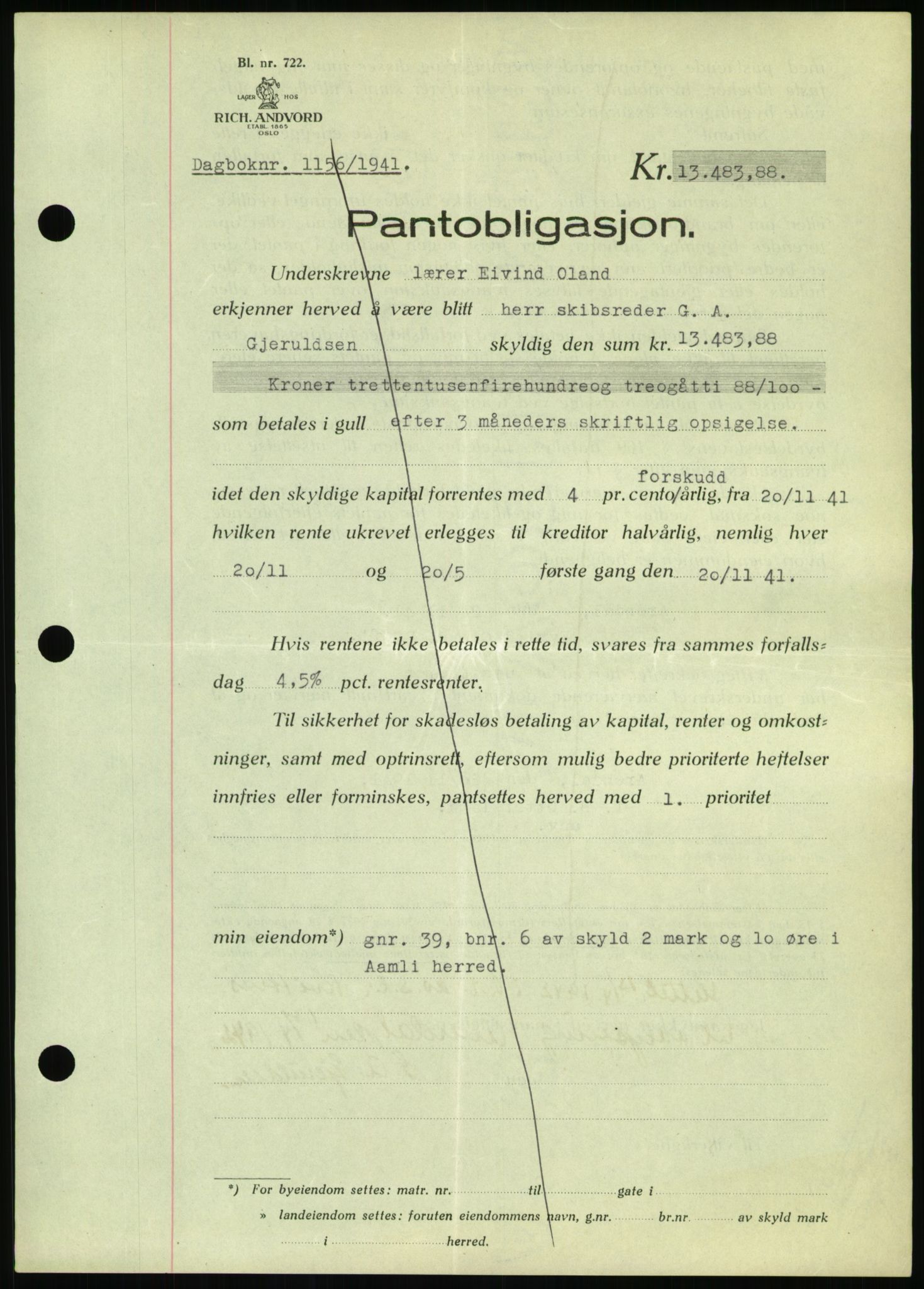 Nedenes sorenskriveri, AV/SAK-1221-0006/G/Gb/Gbb/L0001: Mortgage book no. I, 1939-1942, Diary no: : 1156/1941