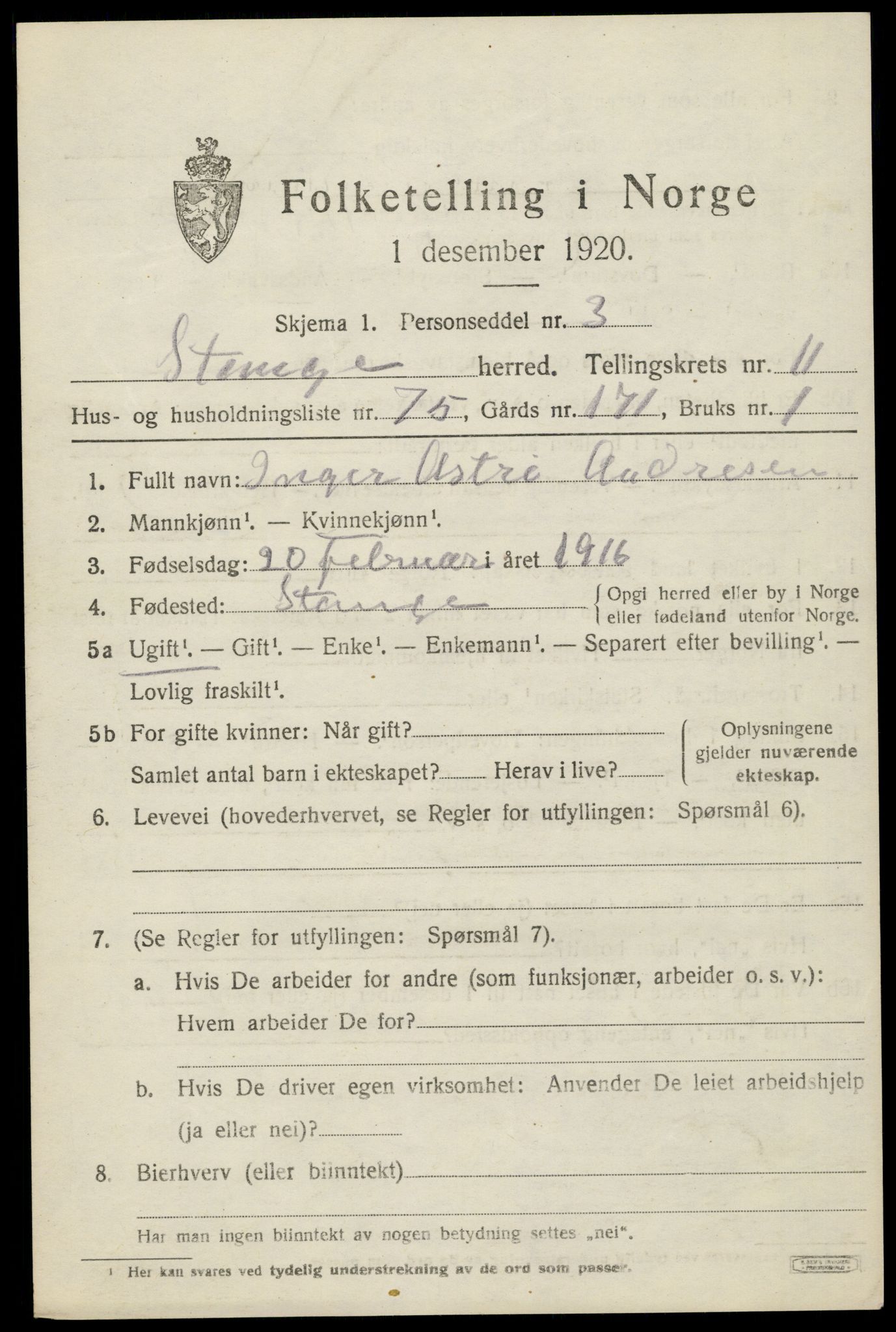 SAH, 1920 census for Stange, 1920, p. 17705