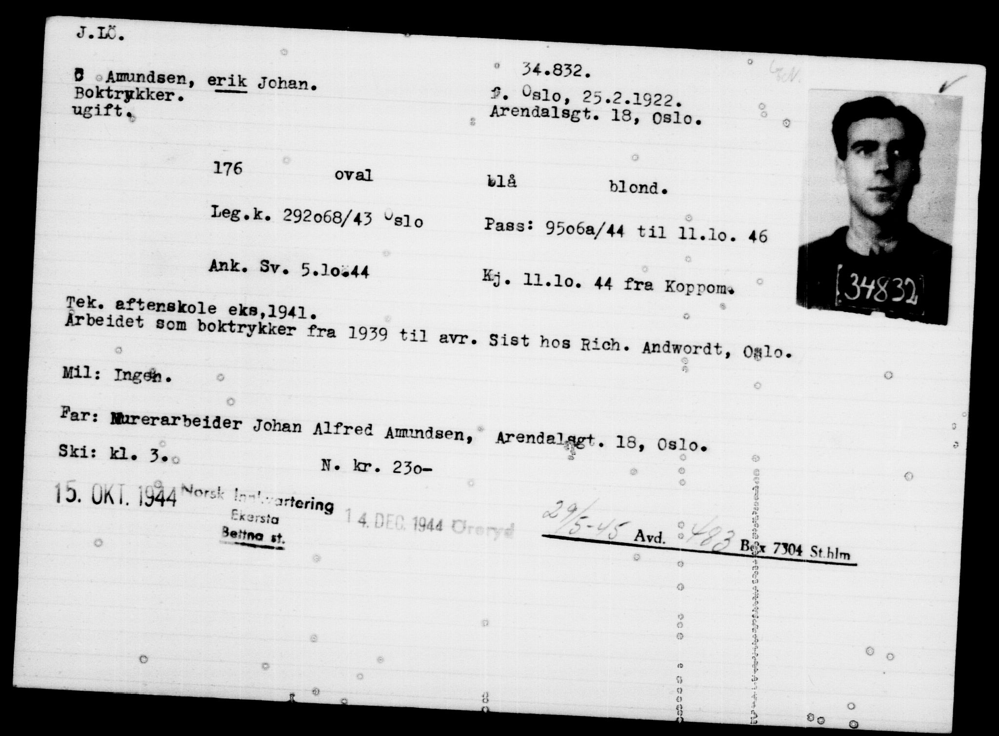 Utenriksstasjonene, Legasjonen i Stockholm, Flyktningkontoret, AV/RA-S-6753/V/Va/L0014: Kjesäterkartoteket, flyktninger med registreringsnr. 34700-37855, 1940-1945, p. 139