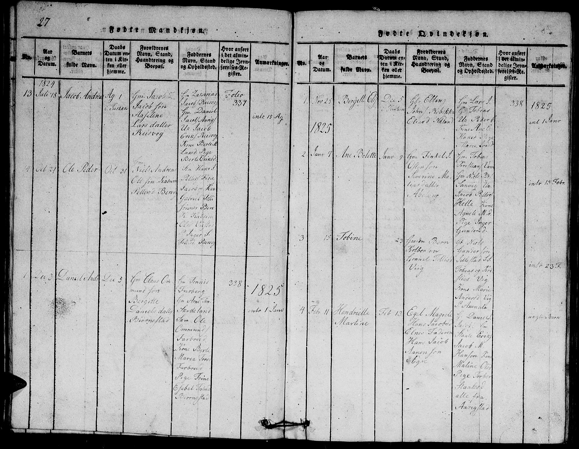 Herad sokneprestkontor, SAK/1111-0018/F/Fb/Fbb/L0001: Parish register (copy) no. B 1, 1815-1852, p. 27