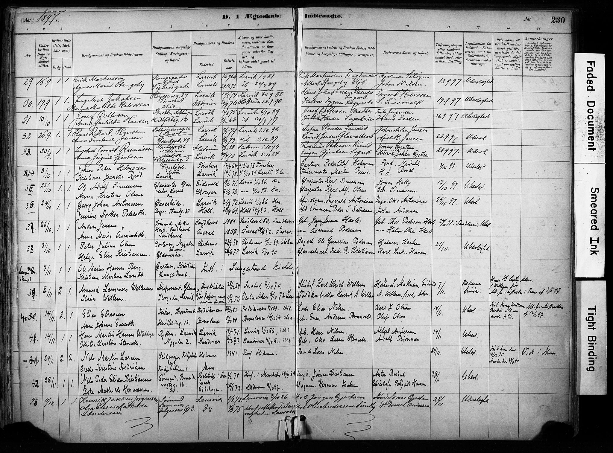 Larvik kirkebøker, AV/SAKO-A-352/F/Fa/L0008: Parish register (official) no. I 8, 1884-1902, p. 230