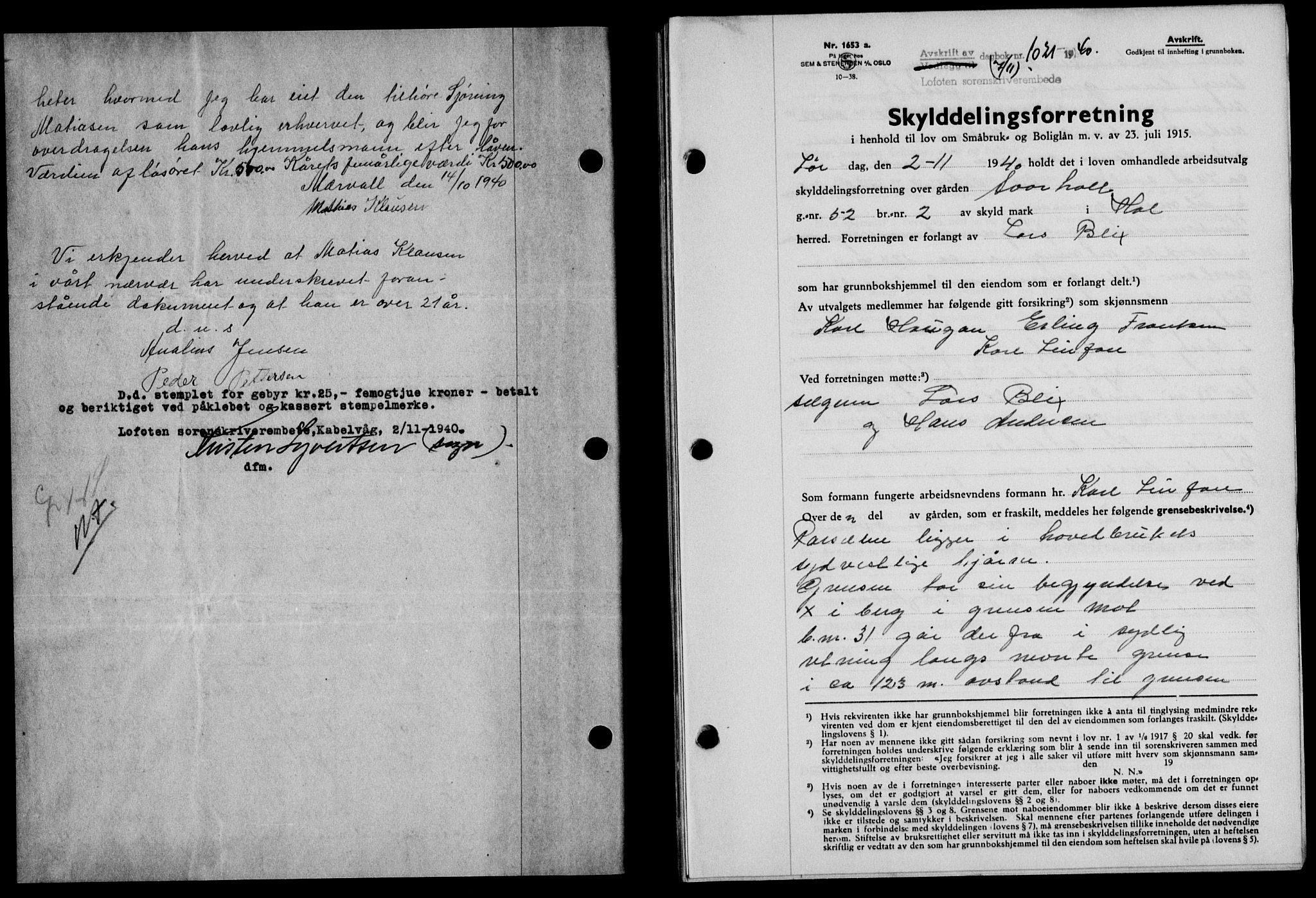 Lofoten sorenskriveri, SAT/A-0017/1/2/2C/L0008a: Mortgage book no. 8a, 1940-1941, Diary no: : 1021/1940