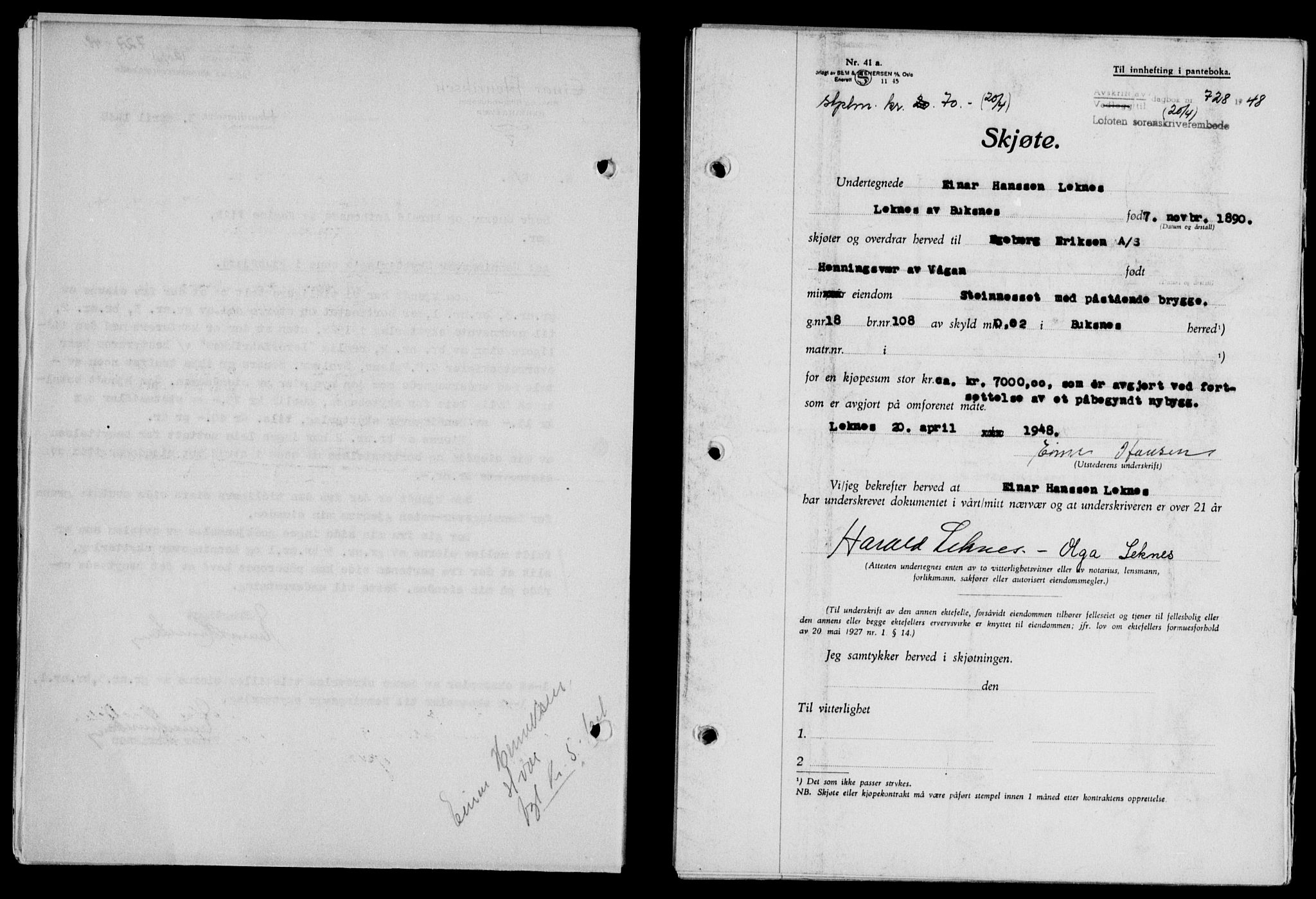 Lofoten sorenskriveri, SAT/A-0017/1/2/2C/L0018a: Mortgage book no. 18a, 1948-1948, Diary no: : 728/1948