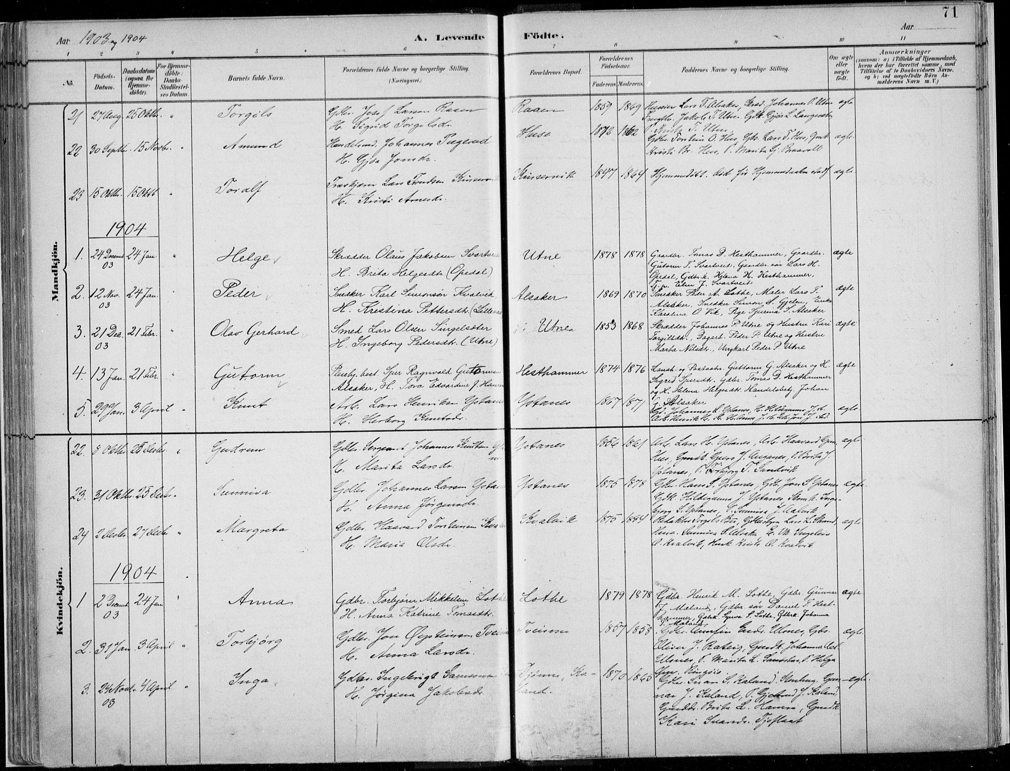Ullensvang sokneprestembete, AV/SAB-A-78701/H/Haa: Parish register (official) no. E  1, 1882-1921, p. 71