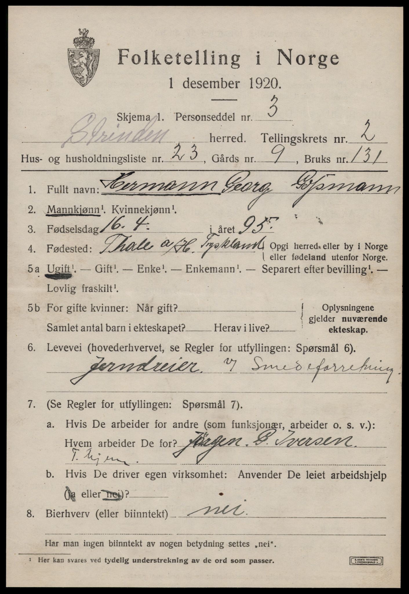 SAT, 1920 census for Strinda, 1920, p. 6736