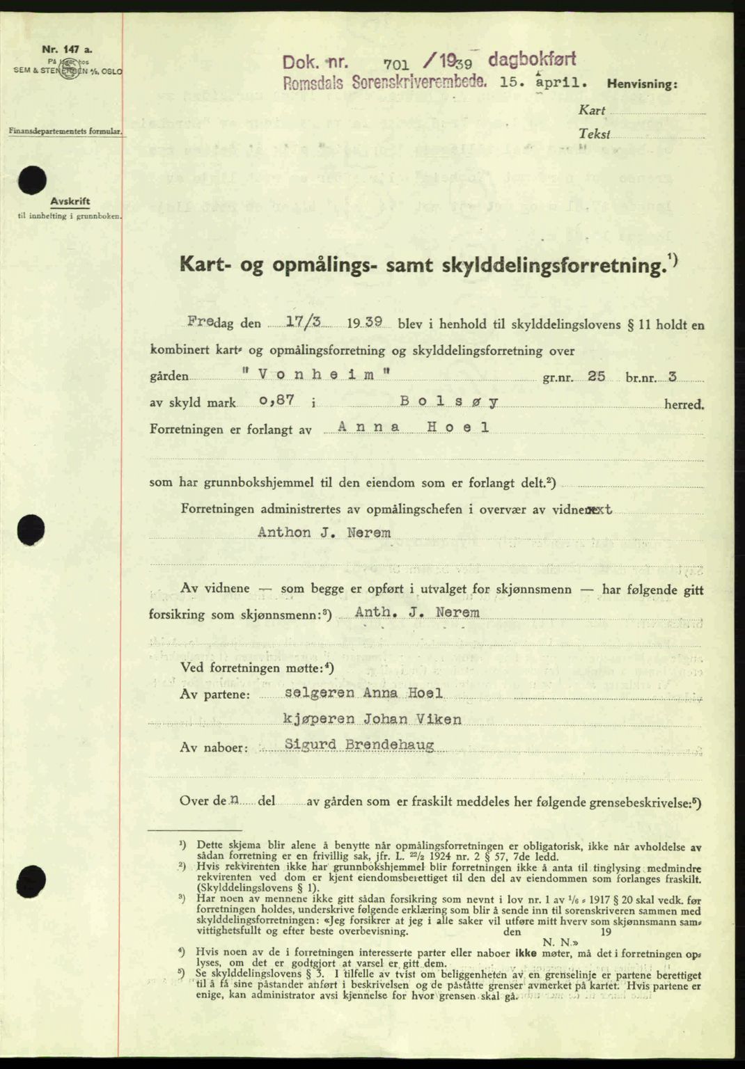 Romsdal sorenskriveri, AV/SAT-A-4149/1/2/2C: Mortgage book no. A6, 1938-1939, Diary no: : 701/1939