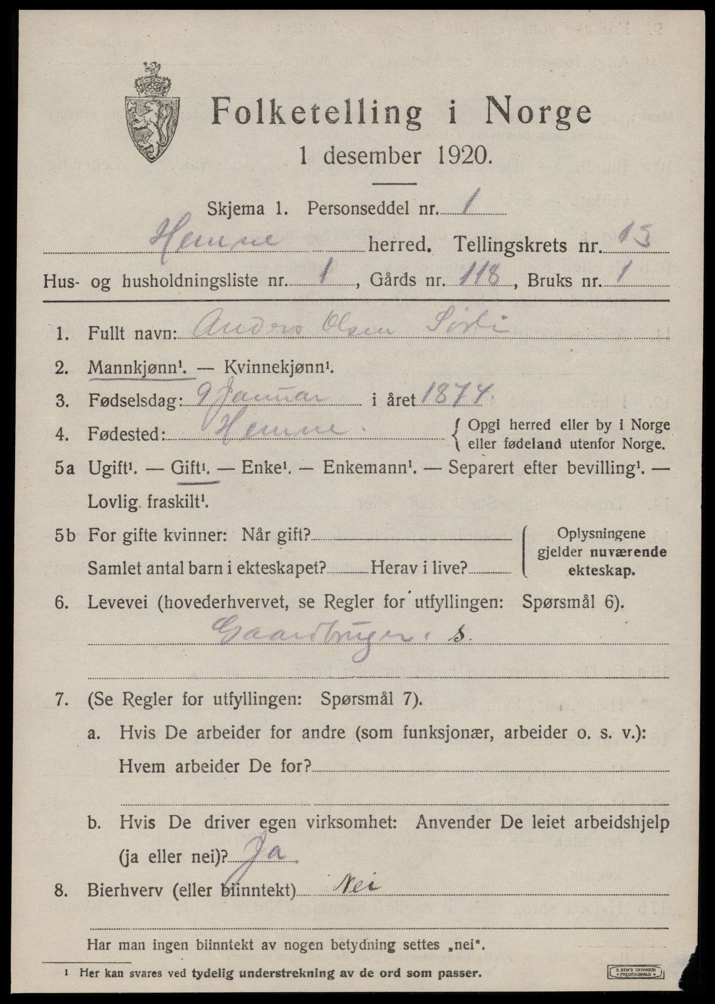 SAT, 1920 census for Hemne, 1920, p. 7272