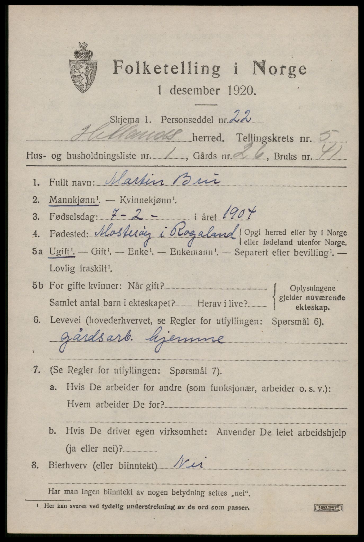 SAST, 1920 census for Hetland, 1920, p. 8195