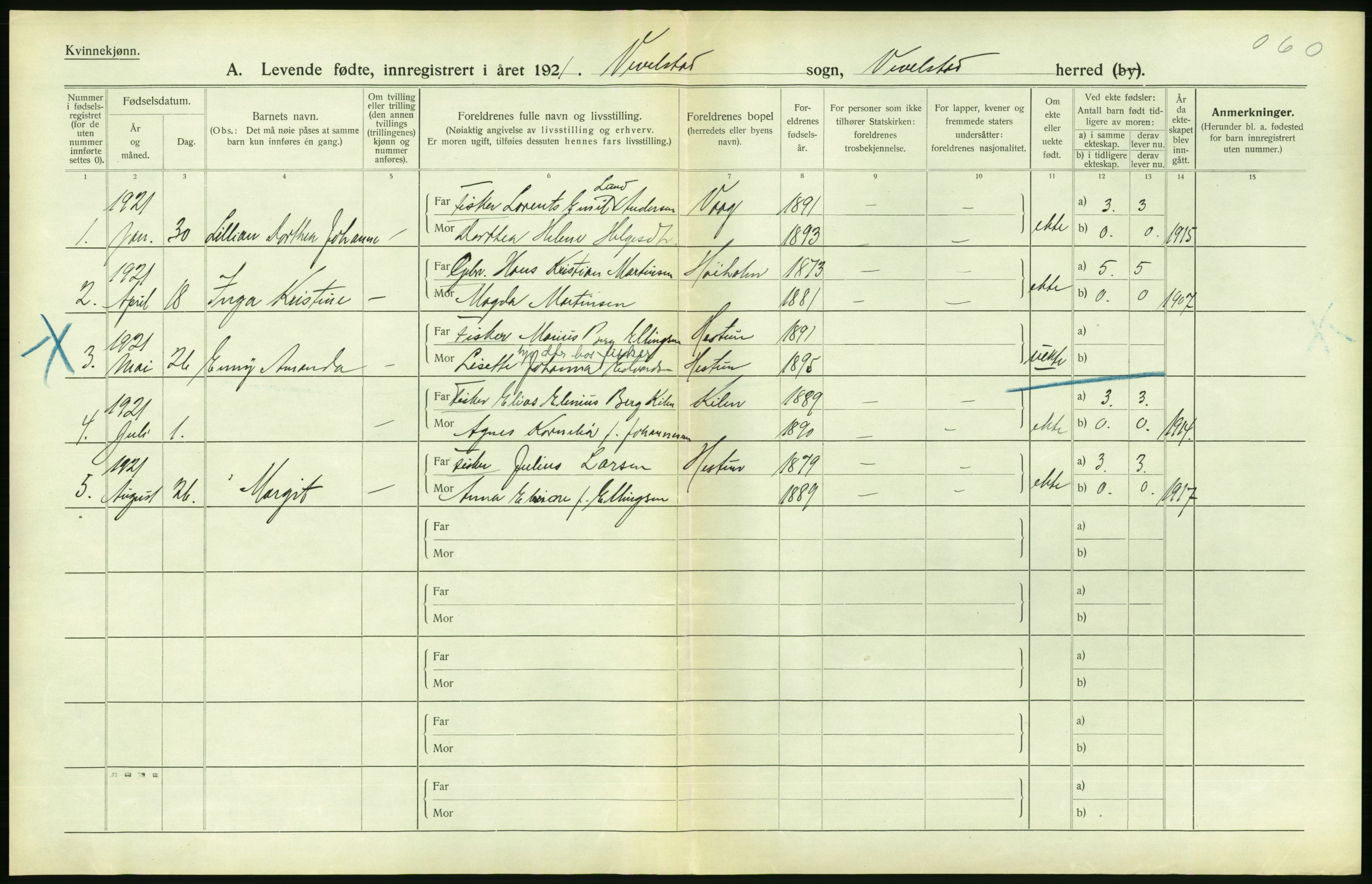 Statistisk sentralbyrå, Sosiodemografiske emner, Befolkning, RA/S-2228/D/Df/Dfc/Dfca/L0049: Nordland fylke: Levendefødte menn og kvinner. Bygder., 1921, p. 40