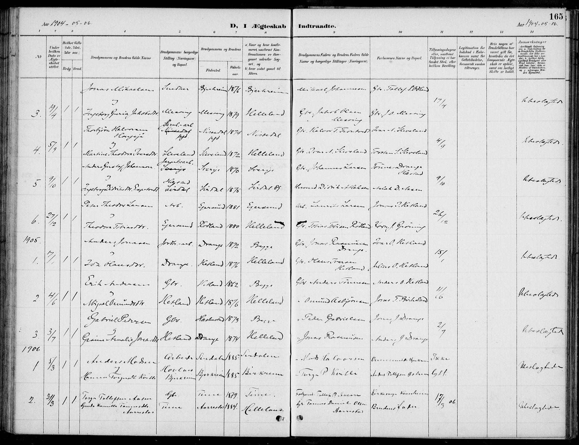 Helleland sokneprestkontor, SAST/A-101810: Parish register (copy) no. B 4, 1887-1941, p. 165