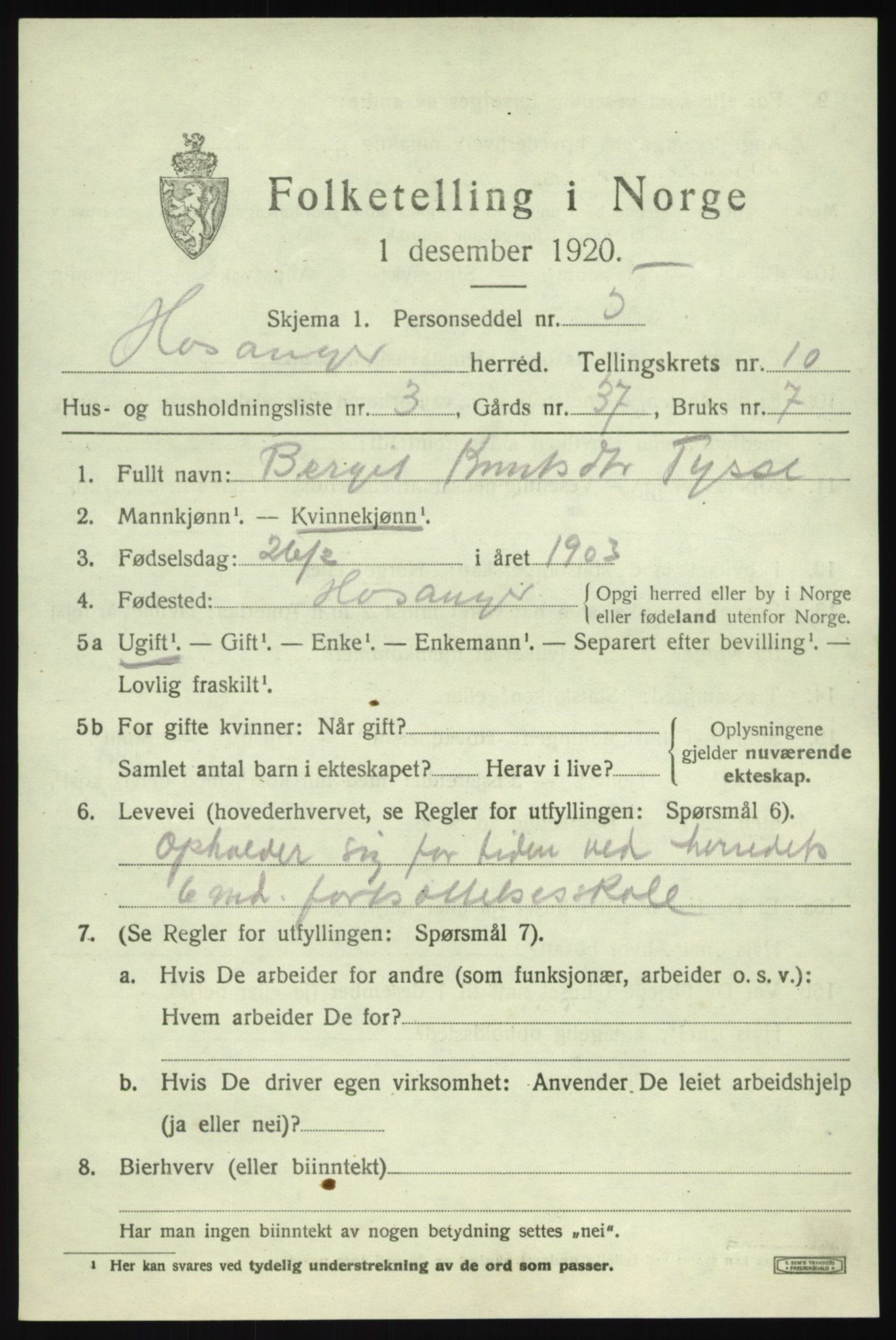 SAB, 1920 census for Hosanger, 1920, p. 4241