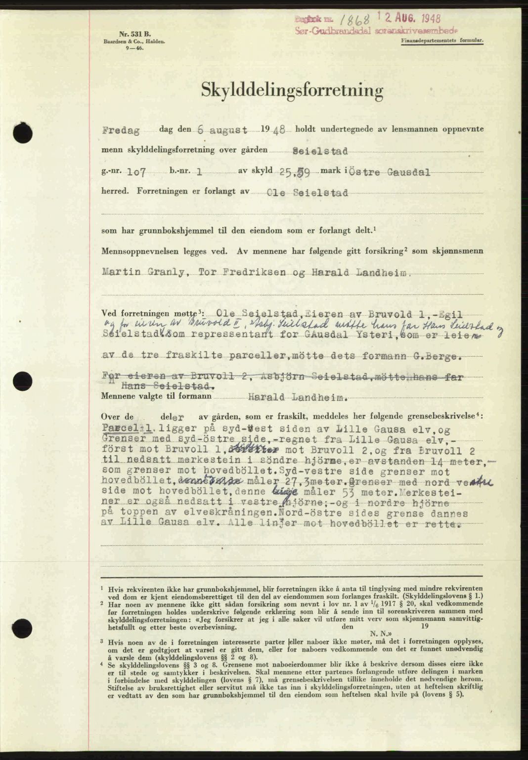 Sør-Gudbrandsdal tingrett, SAH/TING-004/H/Hb/Hbd/L0022: Mortgage book no. A22, 1948-1948, Diary no: : 1868/1948
