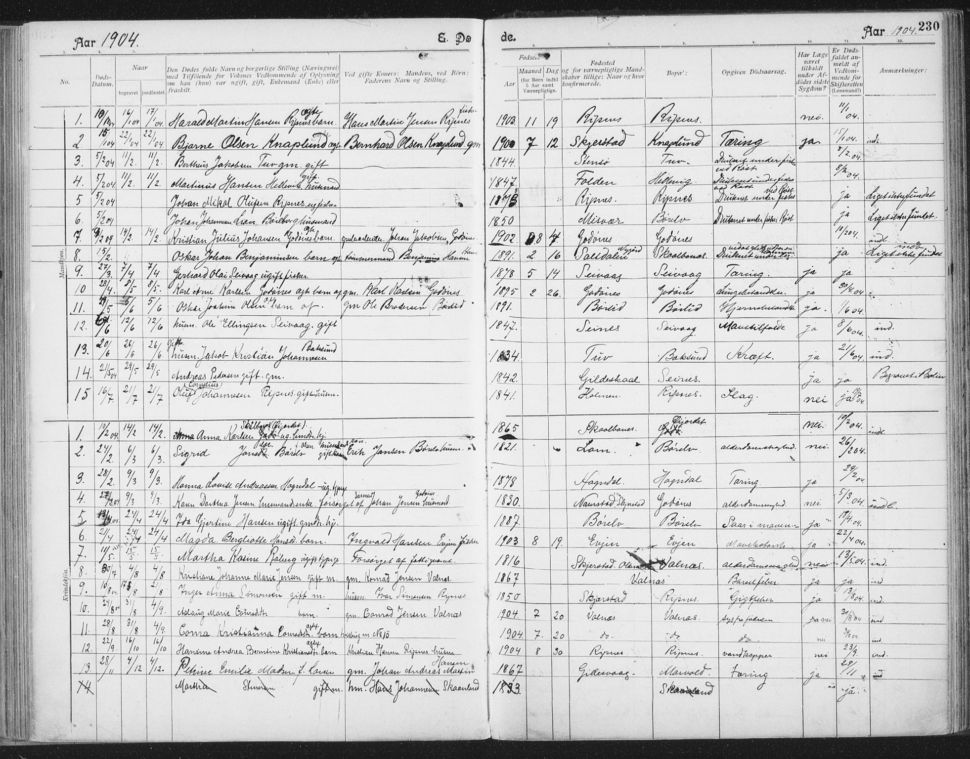 Ministerialprotokoller, klokkerbøker og fødselsregistre - Nordland, SAT/A-1459/804/L0081: Parish register (official) no. 804A02, 1901-1915, p. 230