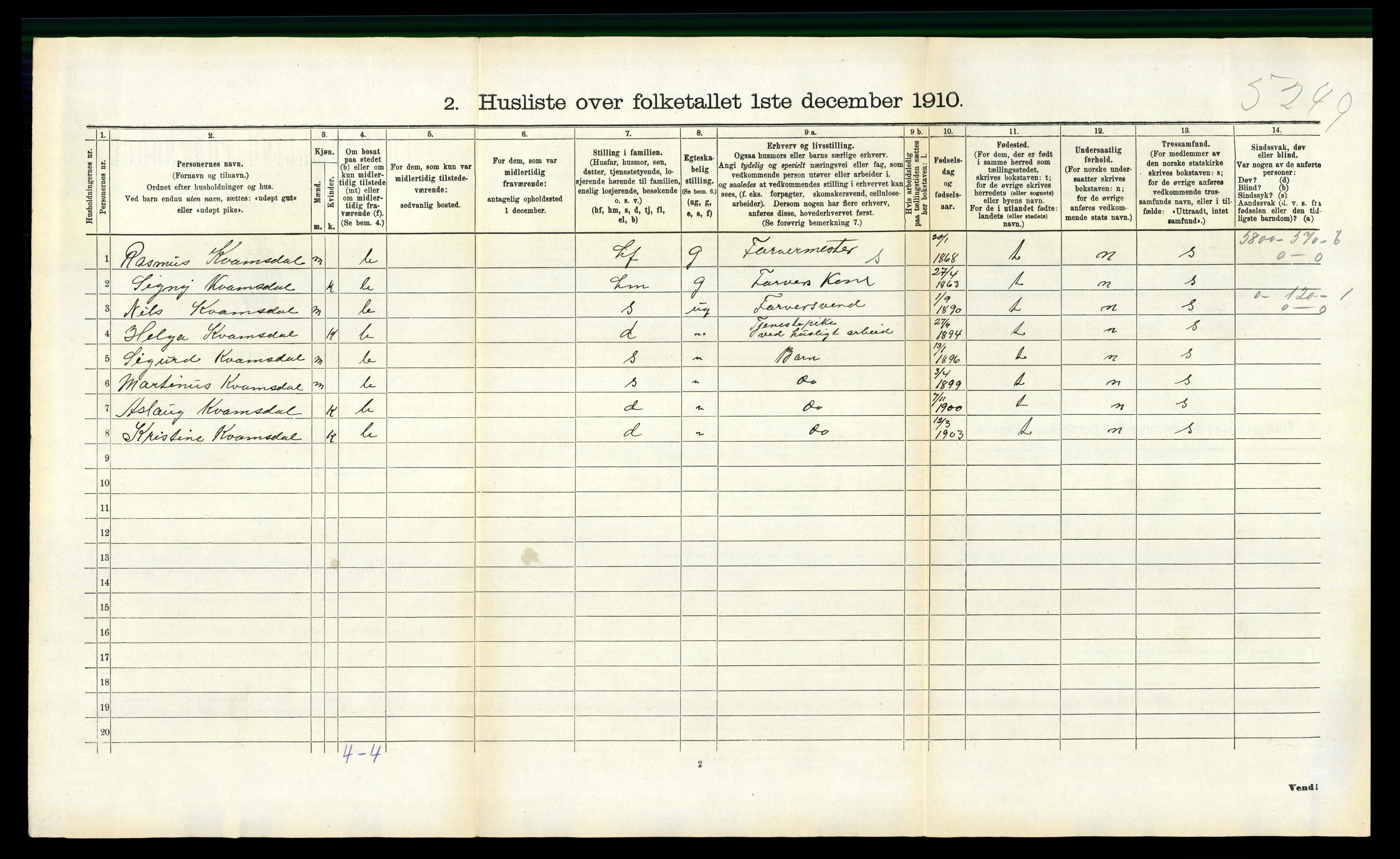 RA, 1910 census for Masfjorden, 1910, p. 395